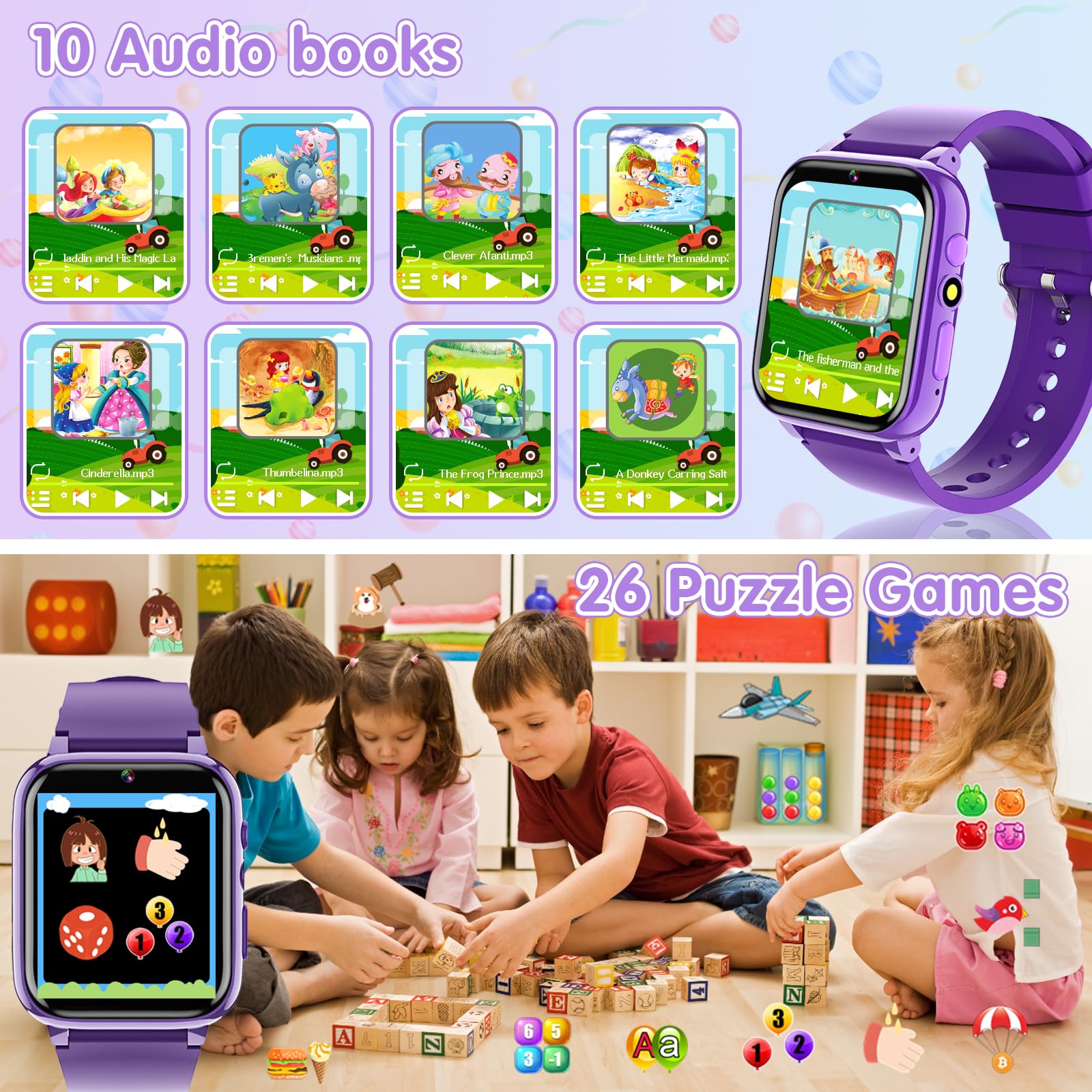 CLEYLISE Kids Smart Watch with 26 Games, HD Camera, Music Player & Pedometer - Waterproof GPS Tracker for Boys Girls Ages 4-16 - Perfect Birthday Gift for Kids (Purple) - Ideal for Outdoor Play, School Activities & Family Safety Tracking