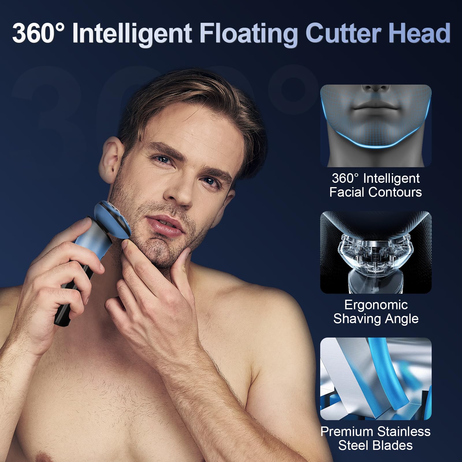 Men's Electric Razor - SOPPY Cordless Rechargeable Wet/Dry Shaver with 360° Magnetic Head, IPX7 Waterproof for Smooth Shaving | Perfect Gift for Husband, Dad (Birthday, Christmas) | Ideal for Travel, Gym & Daily Use - Blue