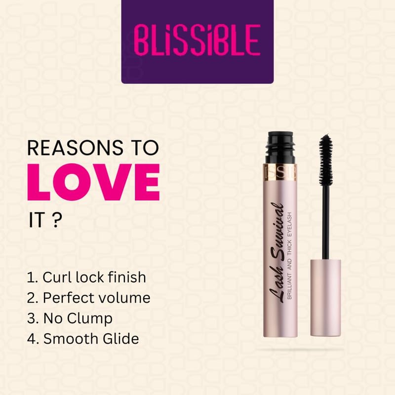 Blissible Voluminous & Thicker Lash Survival Mascara - Long Lasting Waterproof Smudge Proof Curling Mascara for Eye Makeup - 18 Hour Wear - 8ml Black (01) - Perfect for Daily Use, Parties, Weddings & Special Occasions