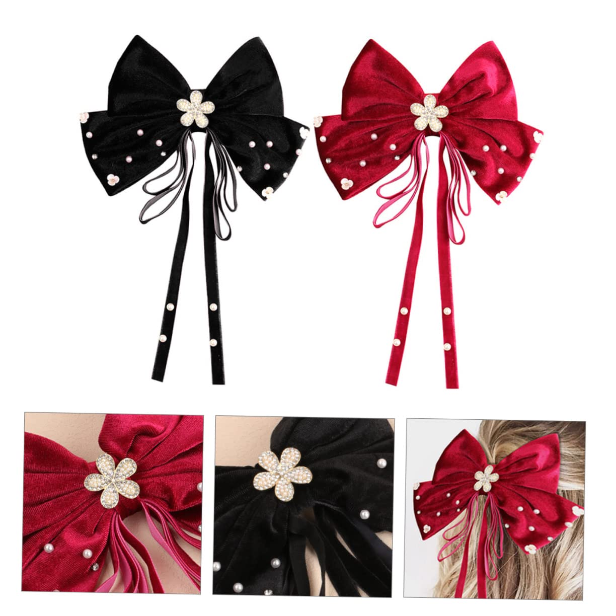 Minkissy 2-Piece Pearl Adorned Big Bow Hair Clips for Women & Girls - Elegant Large Bowknot Hairpin for Wedding, Birthday, Pageant & Special Occasions - Perfect Hair Accessories for Bridal, Prom, Party & Daily Wear