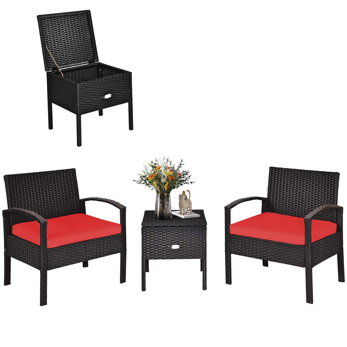 Tangkula 3-Piece Patio Conversation Set with Washable Cushions & Storage Coffee Table - Outdoor Wicker Furniture for Backyard, Porch, Garden, Poolside - Durable Rattan Sofa Set (Red) | Perfect for Relaxing, Entertaining Guests, and Enjoying Outdoor Living Spaces