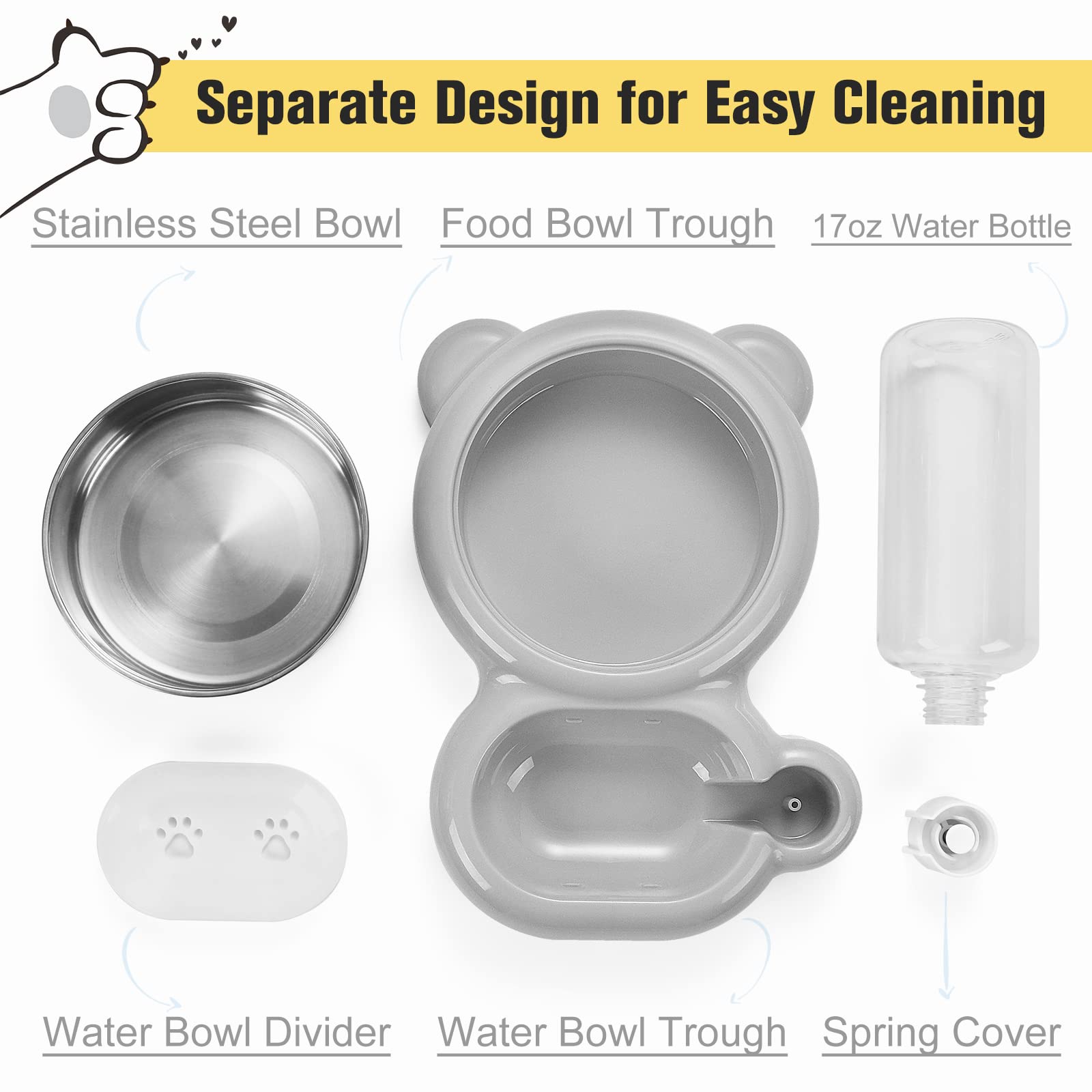 Premium Stainless Steel Cat and Small Dog Bowls Set with Water Dispenser - Non-Slip Pet Food & Water Dishes for Home, Travel, and Outdoor Use - Grey