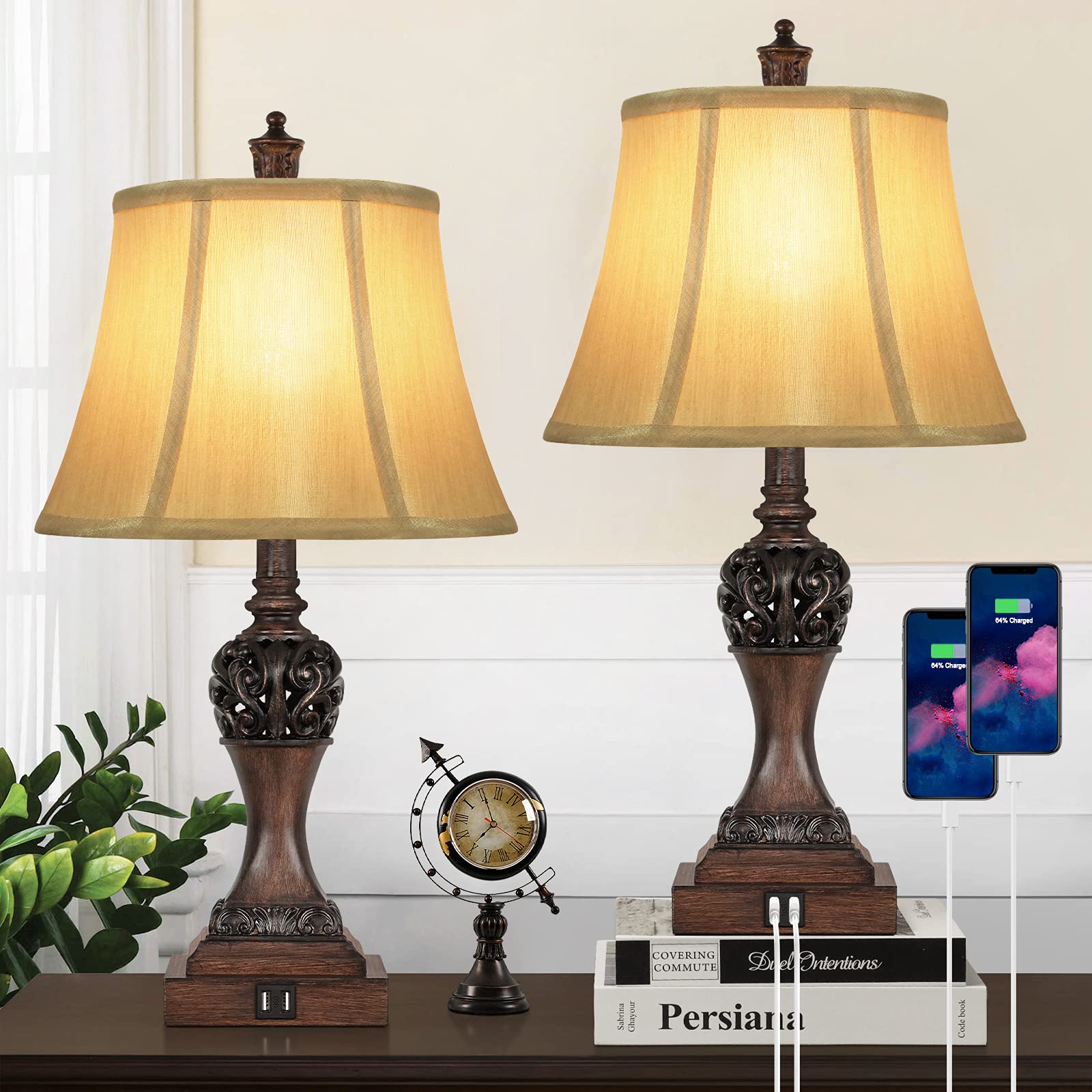 2-Pack Touch Control 3-Way Dimmable Table Lamps with USB Charging Ports - Traditional Bell-Shaped Faux Silk Shade & Brown Base Bedside Lamps (LED Bulbs Included) for Bedroom, Nightstand, Living Room, Office & Reading Nook