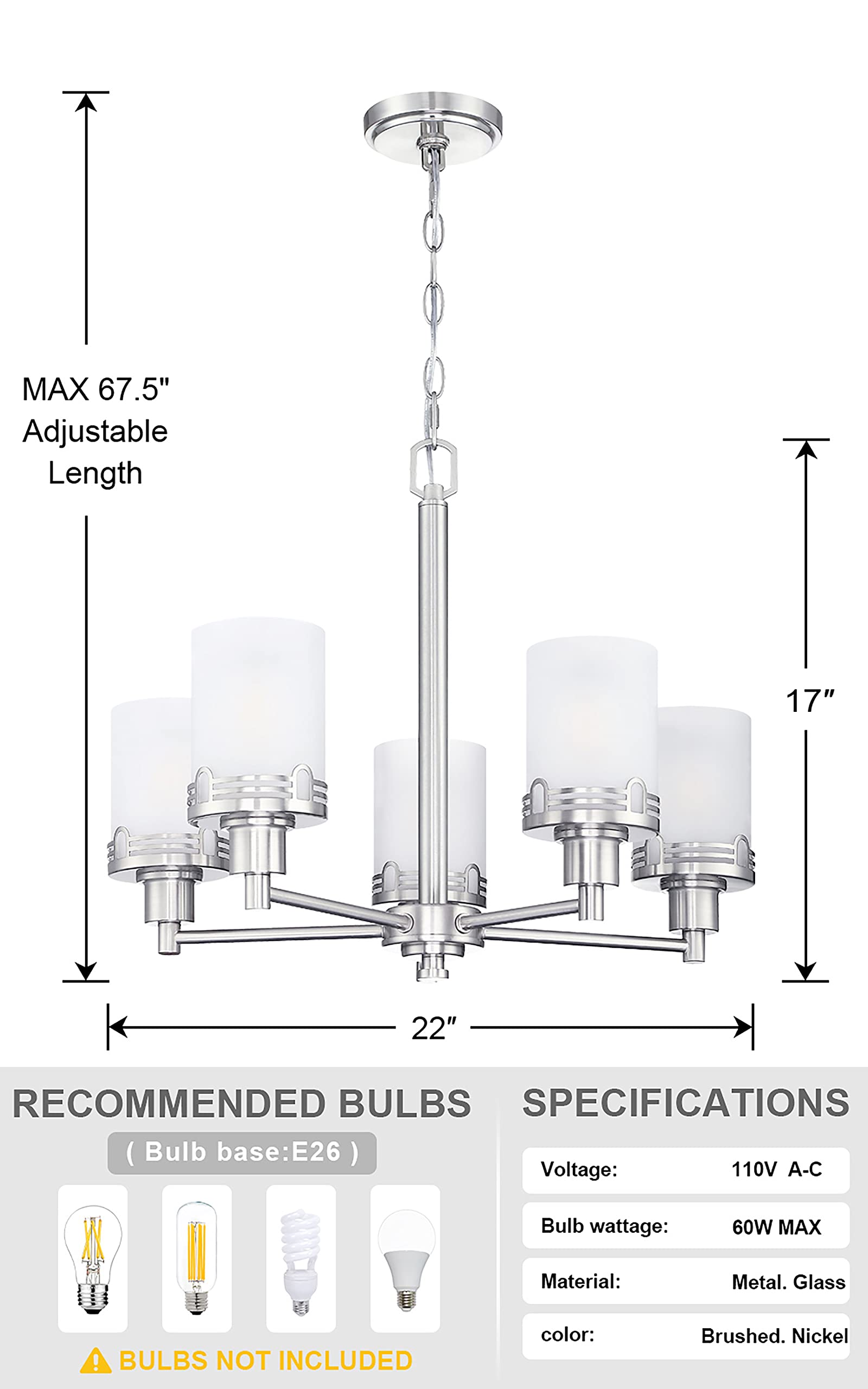 Doraimi 5-Light Modern Chandelier - Brushed Nickel Finish with Opal & Hollow Metal Shades - Elegant Ceiling Light Fixture for Dining Room, Living Room, Bedroom & Hallway Lighting