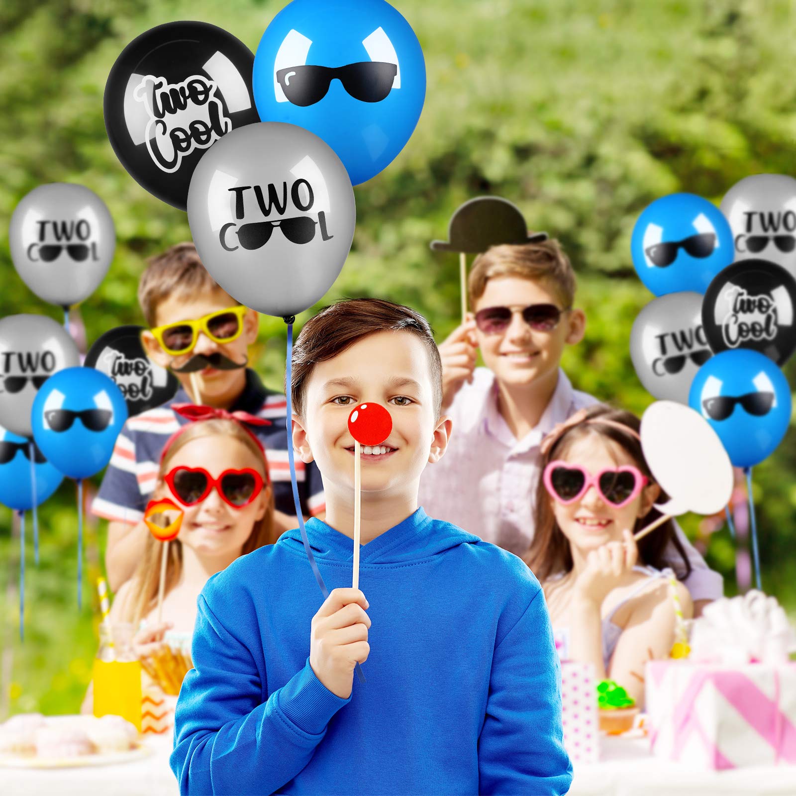 30-Pack Two Cool Party Supplies - Latex Balloons, Sunglasses Balloons in Black, Silver & Blue with 10m Dark Blue Ribbon - Perfect for 2nd Birthday Boy Party Decorations & Themed Celebrations