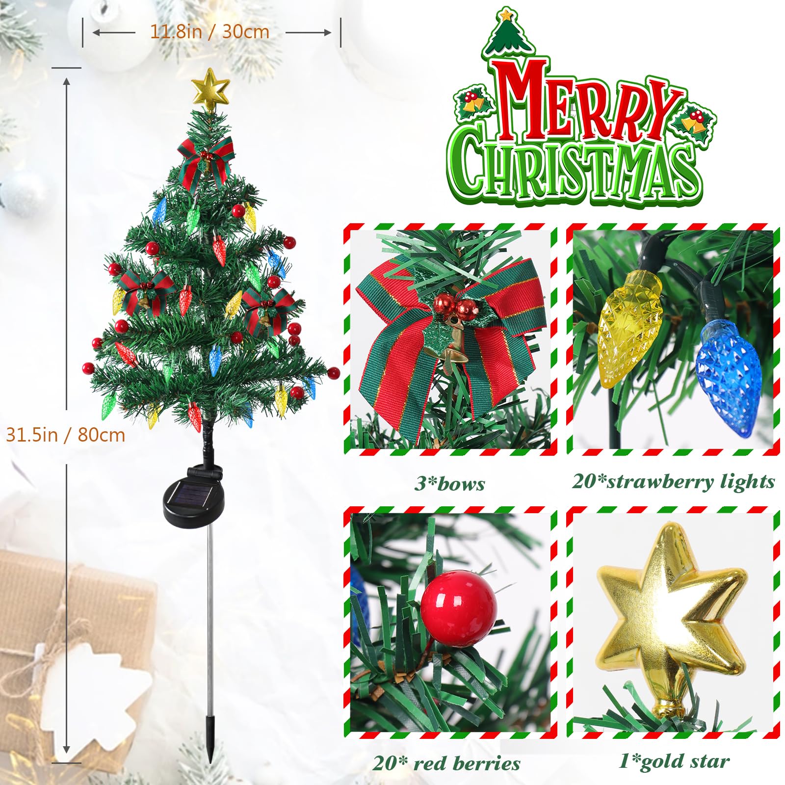 TOCHGREEN 4 Pack 32-Inch Solar Christmas Tree Lights with 80 LED C6 Bulbs - 8 Lighting Modes, Waterproof Outdoor Stake Lights with Red Ball Ornaments for Garden, Patio, Yard - Perfect for Holiday Pathway Decorations & Festive Outdoor Lighting