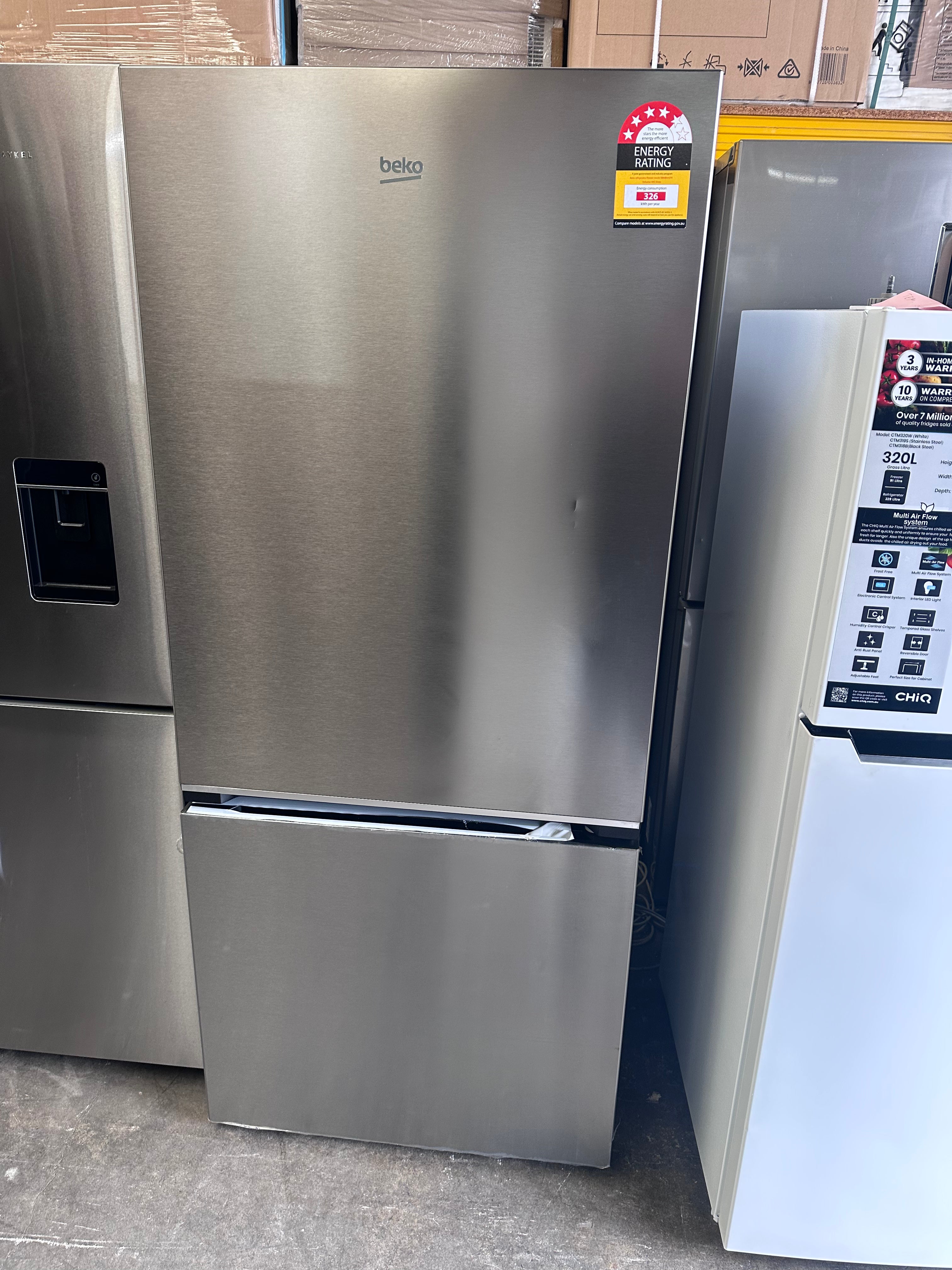 Beko BBMB445PX 445L Bottom Mount Refrigerator in Pearl Steel - Factory Second | Energy Efficient Kitchen Appliance for Modern Homes