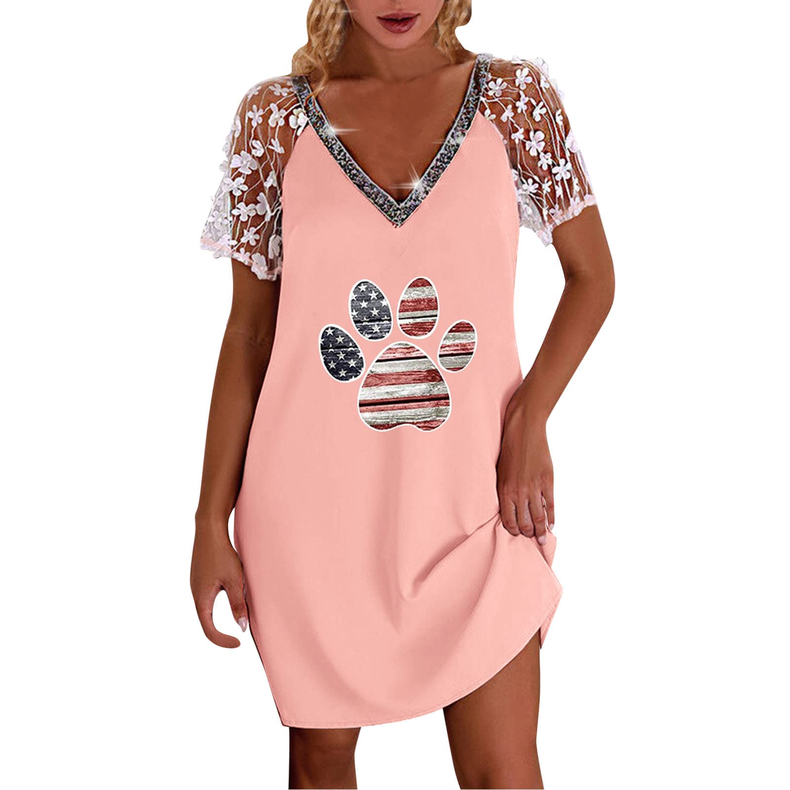 FEDULKSTORE Women's Sexy V-Neck American Flag Print Summer Dress - Casual Mini & Midi Dress for 4th of July, Beach Party, and Patriotic Celebrations