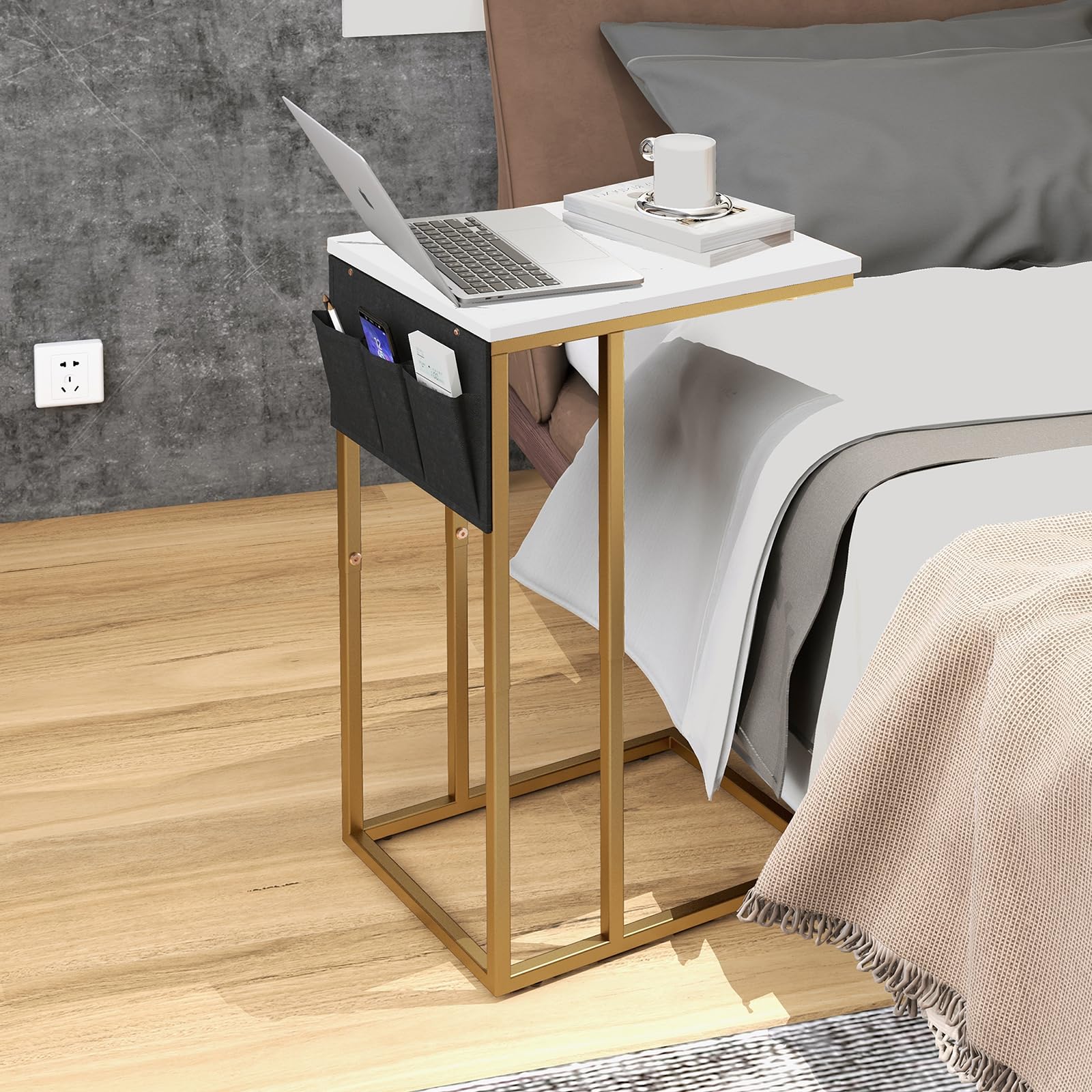 C-Shaped End Table for Couch - Small Sofa Side Table with Storage Bag - Multi-Functional TV Tray & Bedside Table - White - Perfect for Living Room, Bedroom & Snack Time