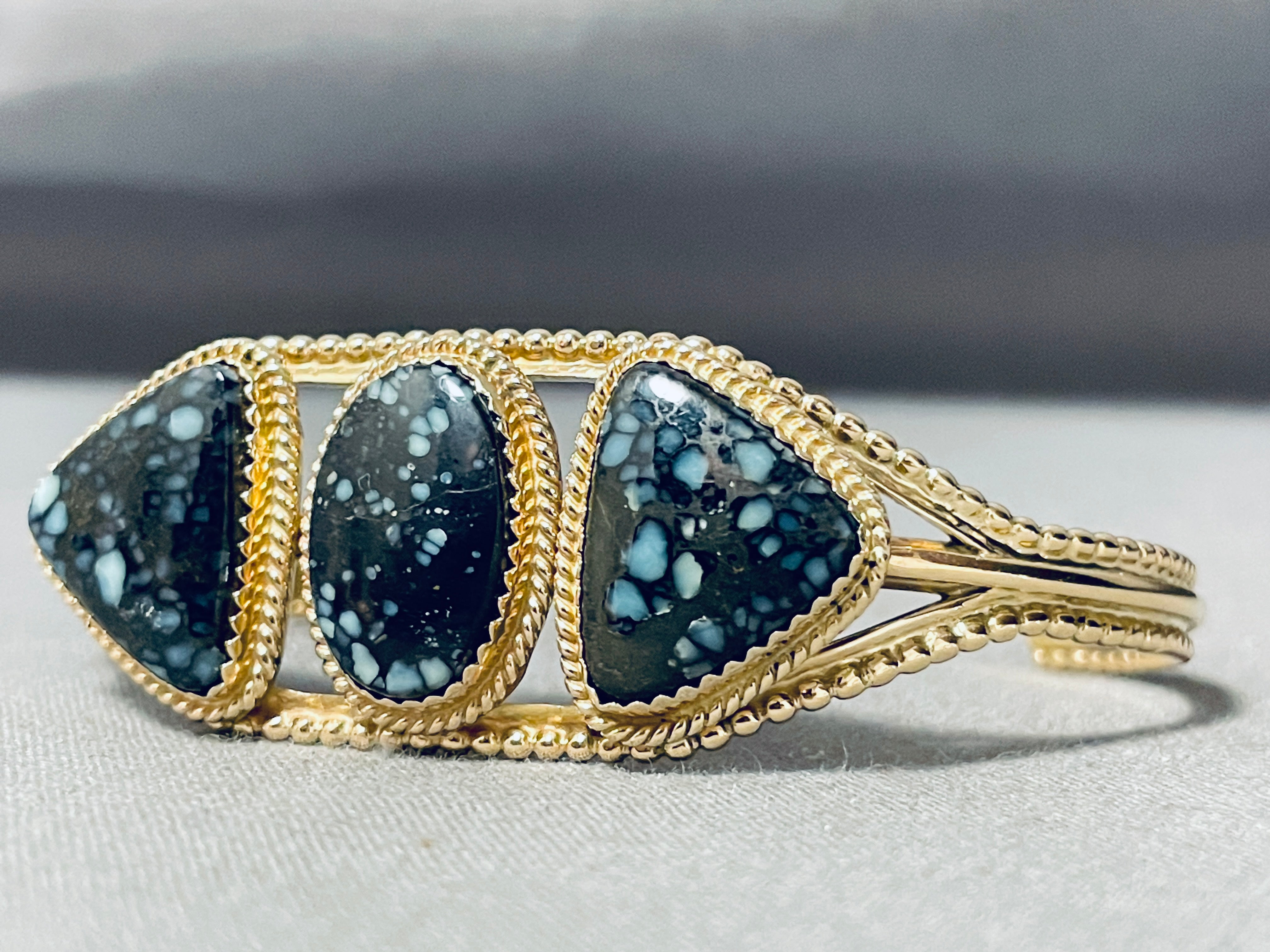14K Solid Gold Vintage Navajo Native American Turquoise Bracelet - Handmade Blue Lander Stone Jewelry for Women, Boho Chic Accessory for Casual & Festival Wear