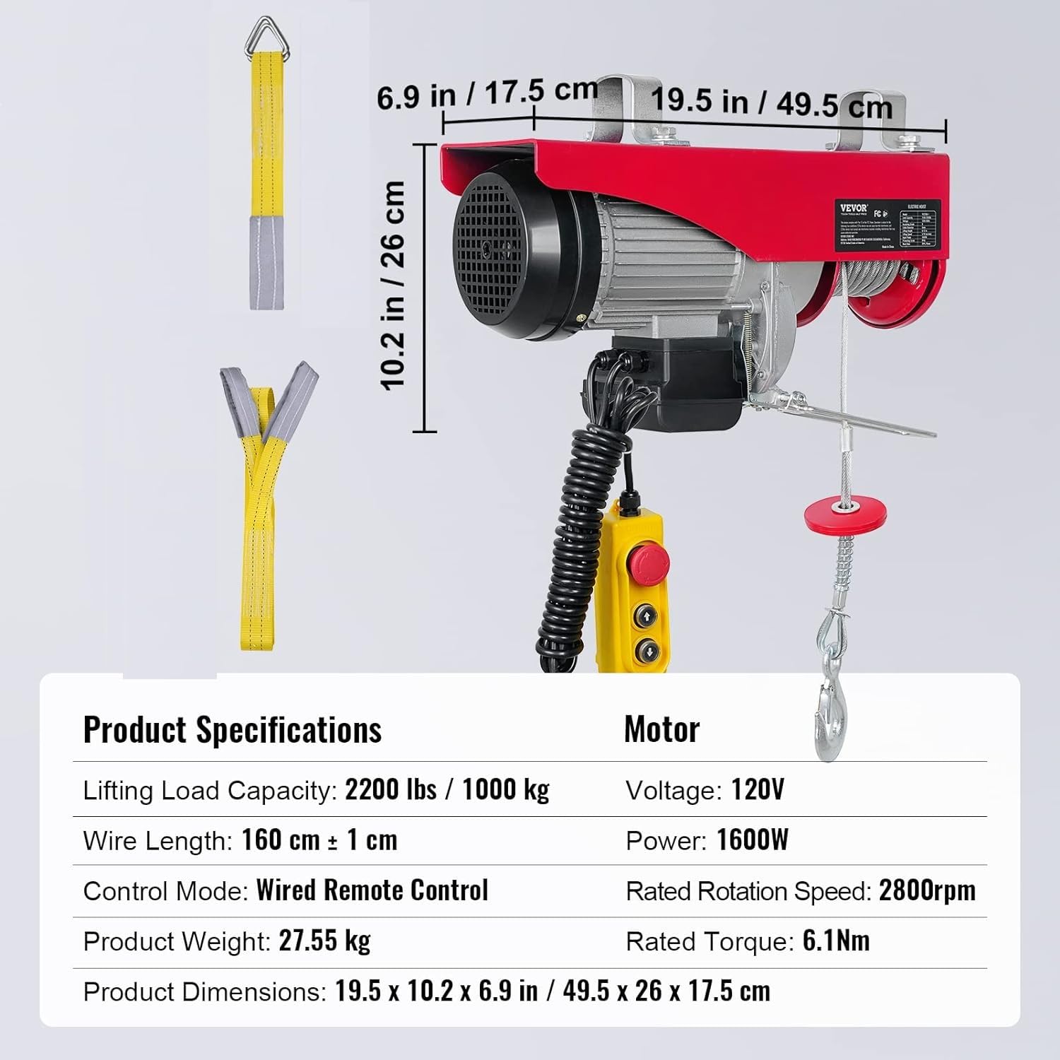 Happybuy 2200Lbs Electric Hoist - 110V Overhead Crane with Steel Hook & Remote Control - Ceiling Pulley Winch for Warehouse, Construction, Garage Lifting - Emergency Stop Switch Included (Red) - Perfect for Heavy Duty Material Handling and Industrial Applications
