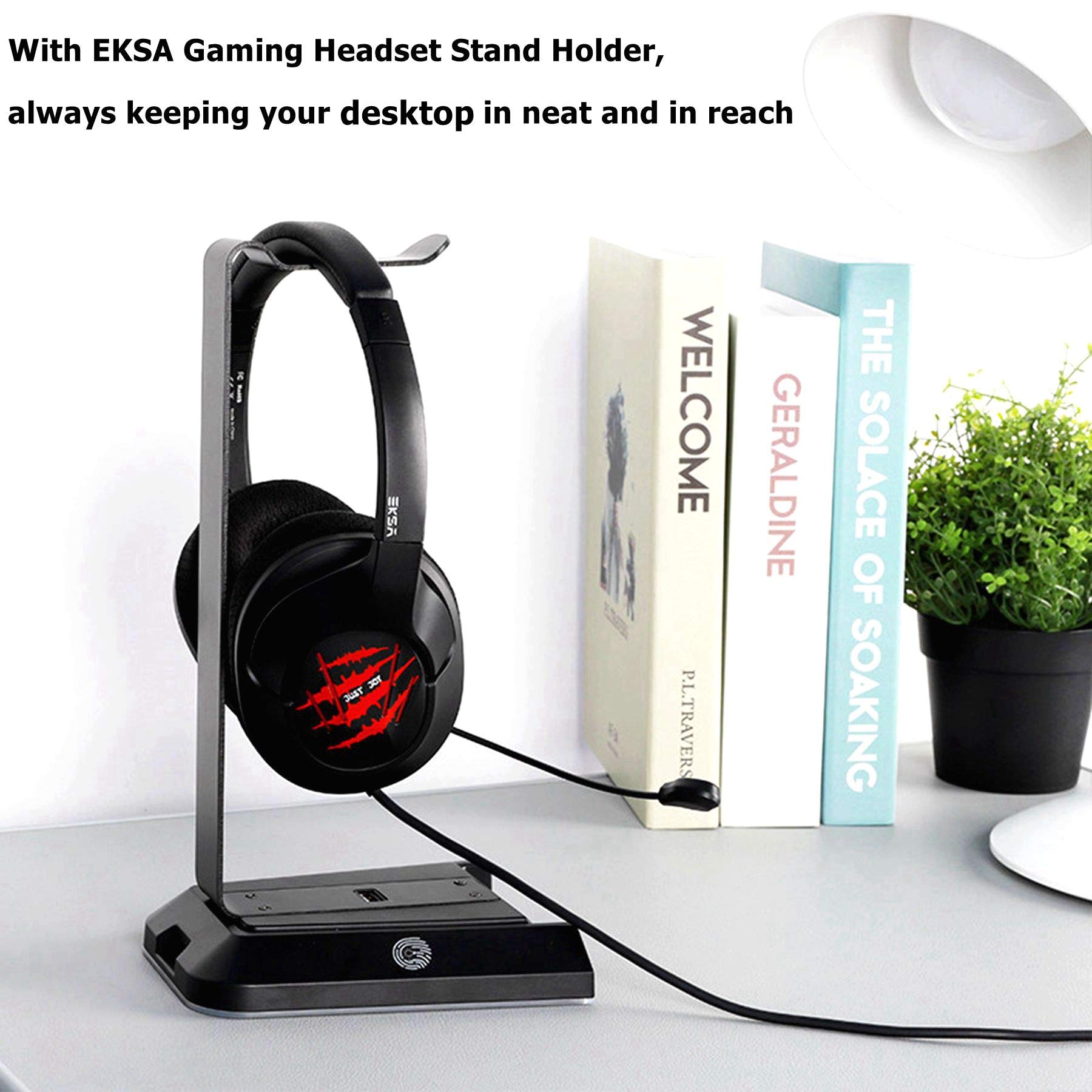 EKSA RGB Gaming Headset Stand with 7.1 Surround Sound - Aluminum Headphone Holder for Desk with 3.5mm Aux & Dual USB Ports - Universal Fit for All Headphones - Perfect for PC Gaming Setup & Home Office Organization