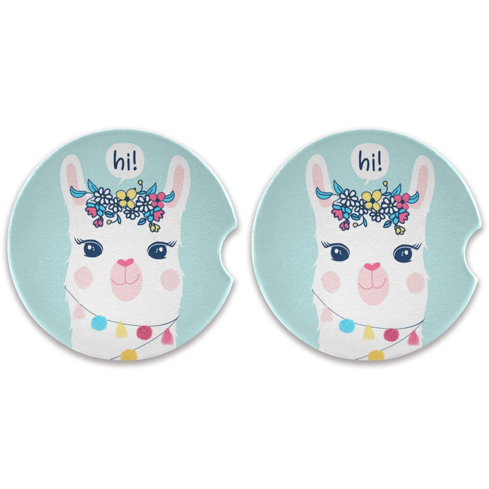 2-Pack Absorbent Ceramic Llama Car Coasters with Cork Back & Finger Slot - Cute Drink Coasters for Car Cup Holders - Perfect Car Accessories Gift for Men & Women - Prevent Spills While Driving