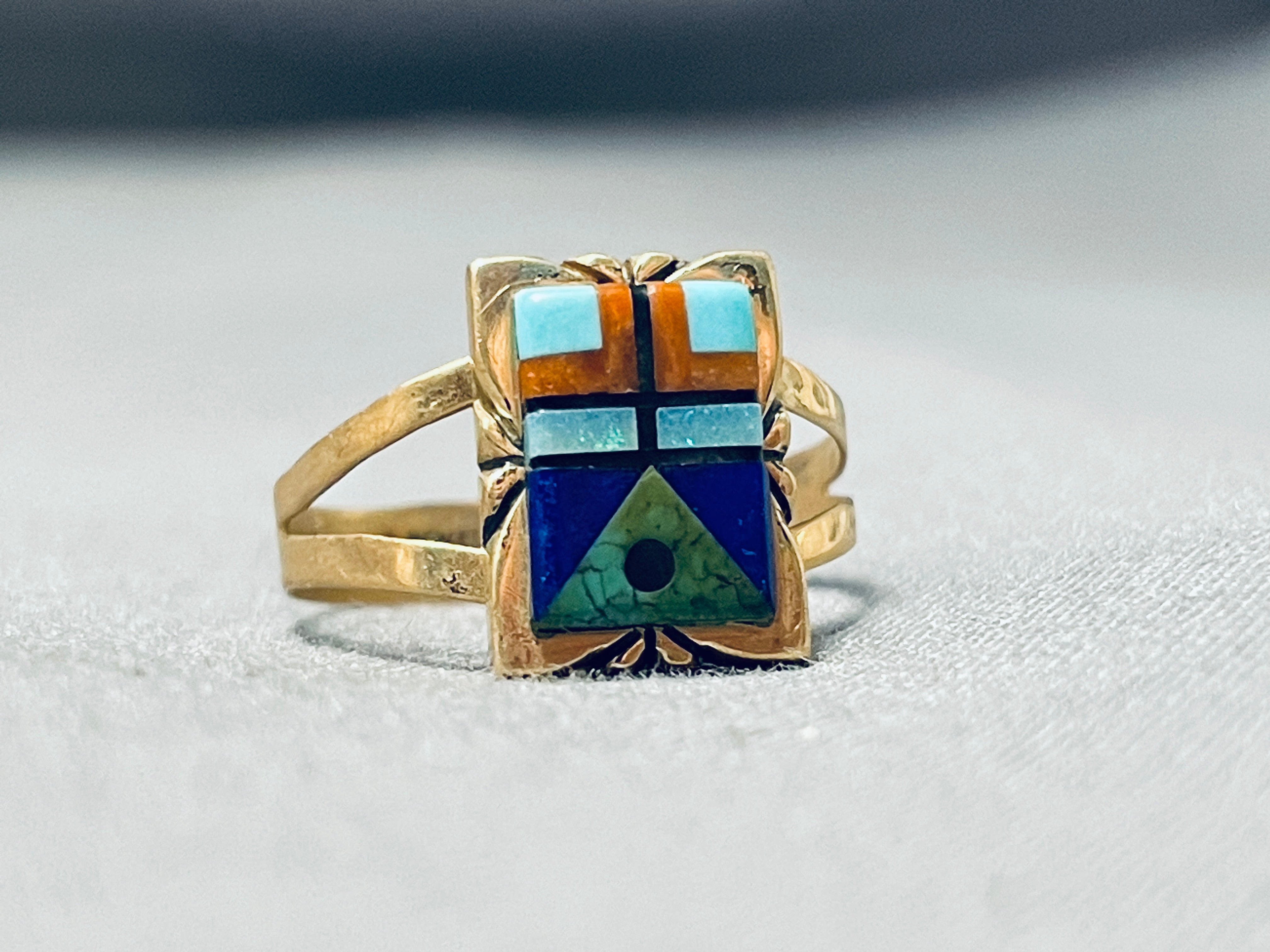 14K Gold Vintage Signed Navajo Turquoise Inlay Ring - Authentic Native American Jewelry for Women, Handmade Southwest Style, Perfect for Boho Fashion & Special Occasions