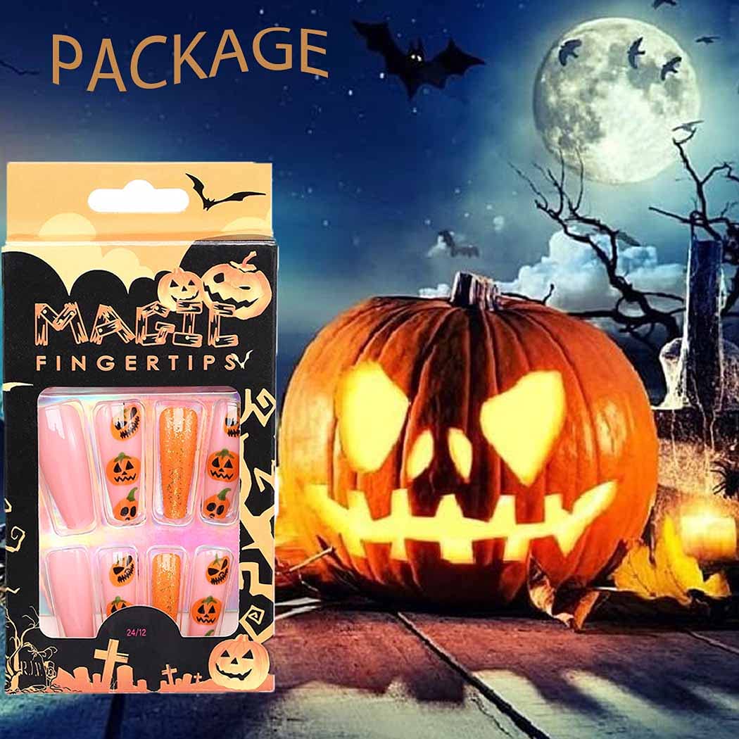 Halloween Orange Pumpkin Coffin Press-On Nails - Extra Long Acrylic Fake Nails with Spooky Designs, 24Pcs Full Cover Stick-On Nails for Women & Girls - Perfect for Halloween Parties, Costumes, and Festive Nail Art