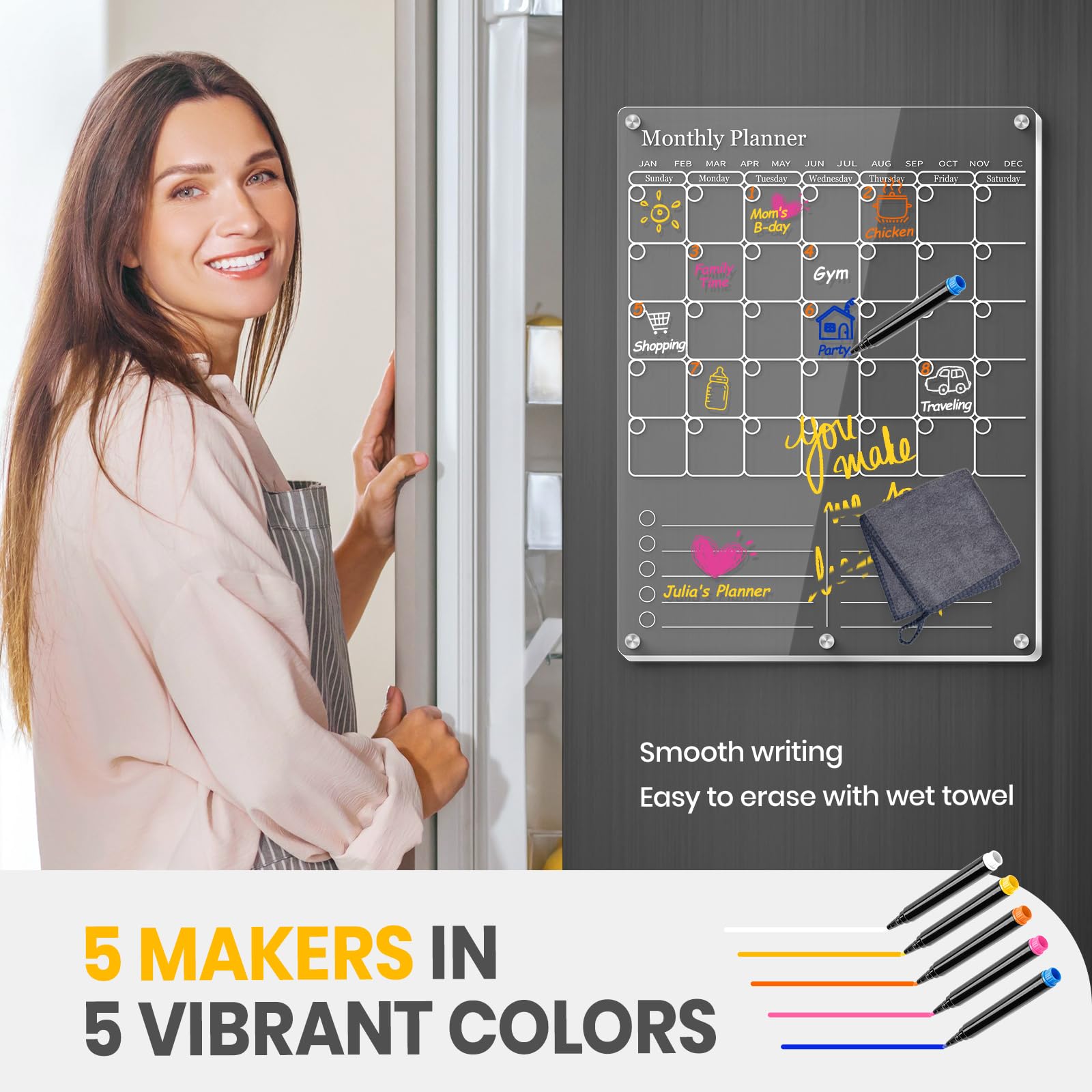 IDEATECH 2025 Magnetic Fridge Calendar Planner - 2-in-1 Clear Dry Erase Board for Refrigerator with Monthly & Weekly Layout - Grocery List & Family Organizer Whiteboard Magnet (White) - Perfect for Kitchen Organization & Family Scheduling