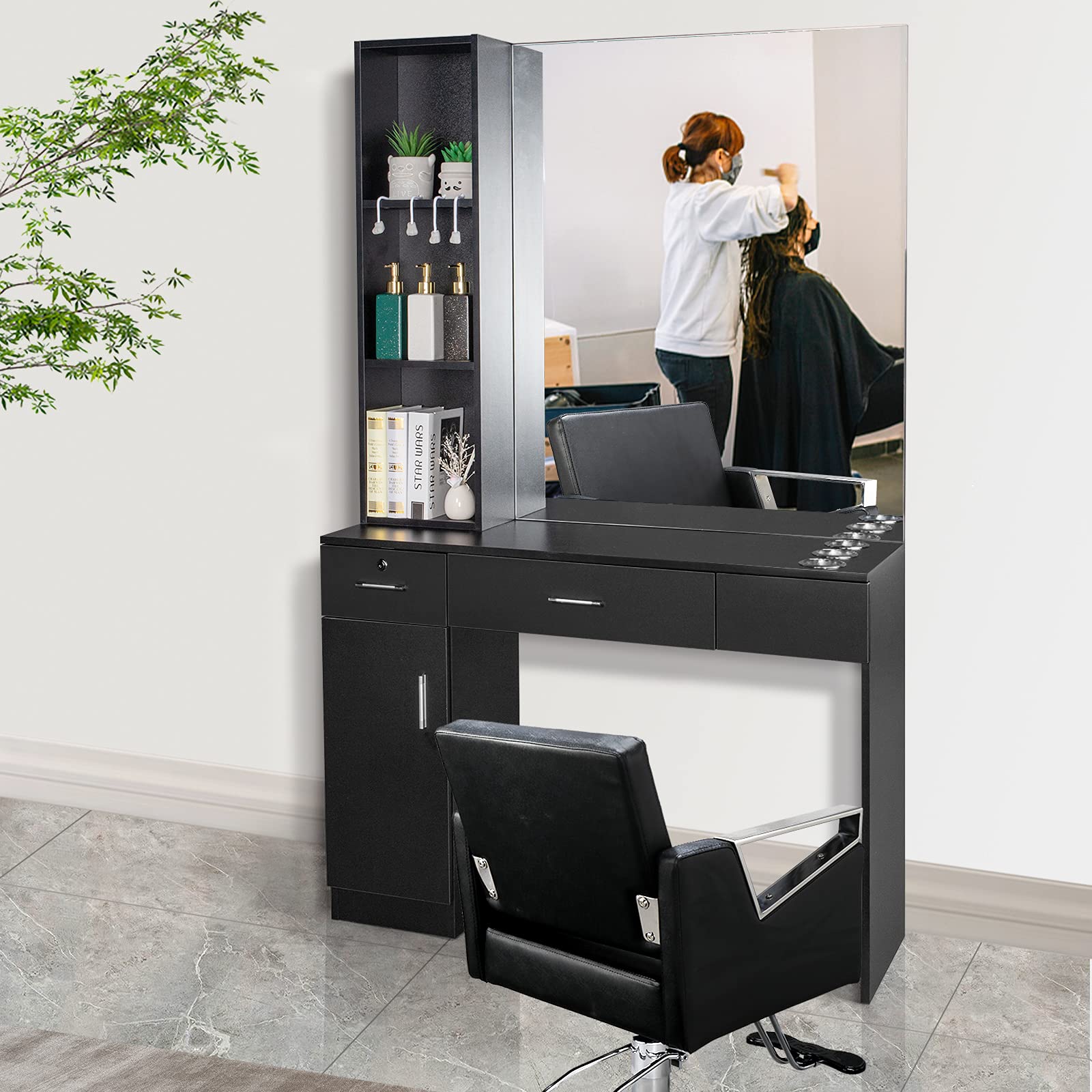 **Mefeir Wall Mount Hair Styling Barber Station with Support Leg & Mirror – Professional Hair Salon Equipment & Spa Furniture Set (Black) – Perfect for Salons, Barbershops & Home Styling**