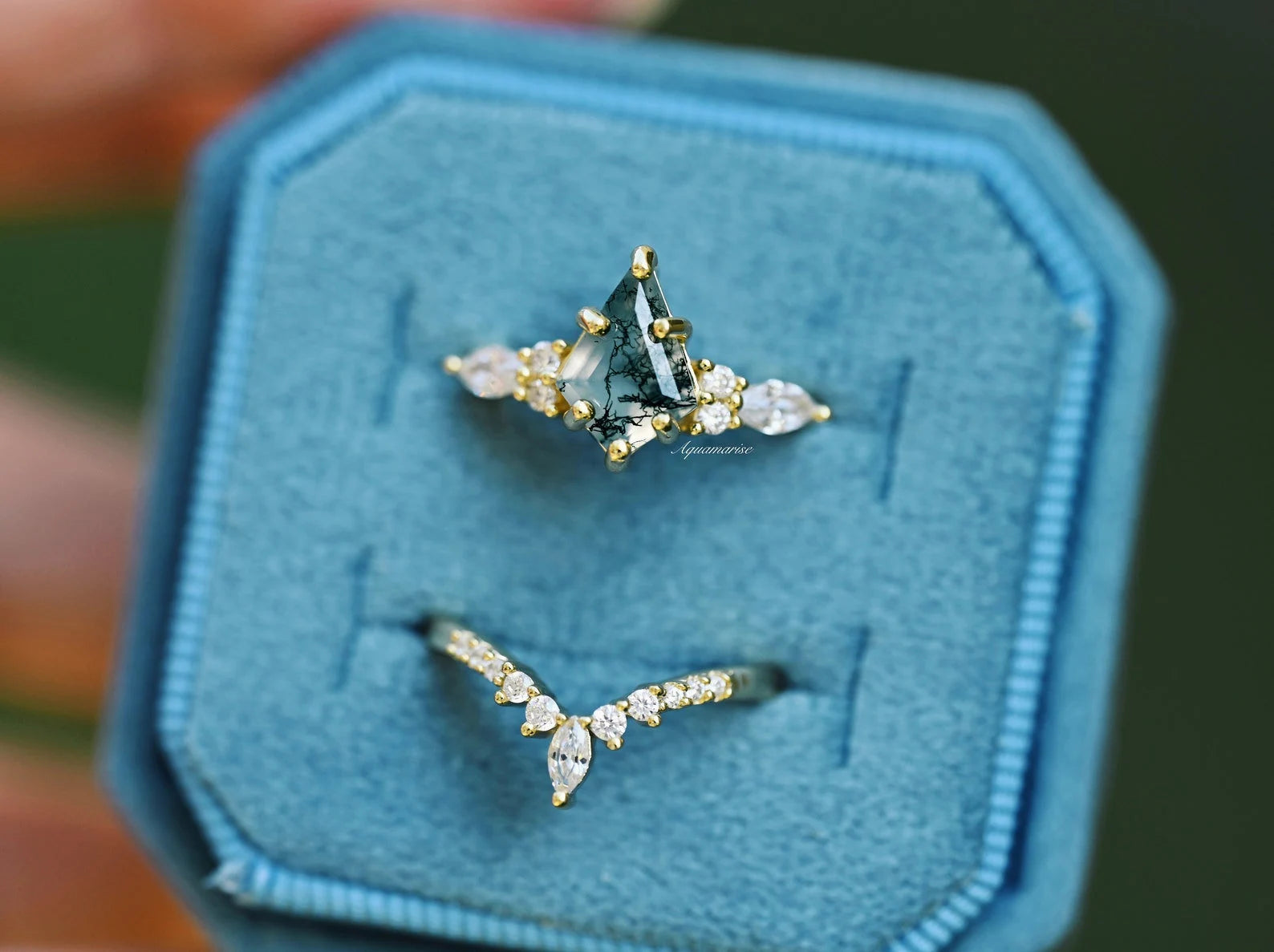 Skye Kite™ Green Moss Agate Couples Ring - Matching Promise Rings for Him & Her - Perfect for Anniversaries, Engagements & Romantic Gifts