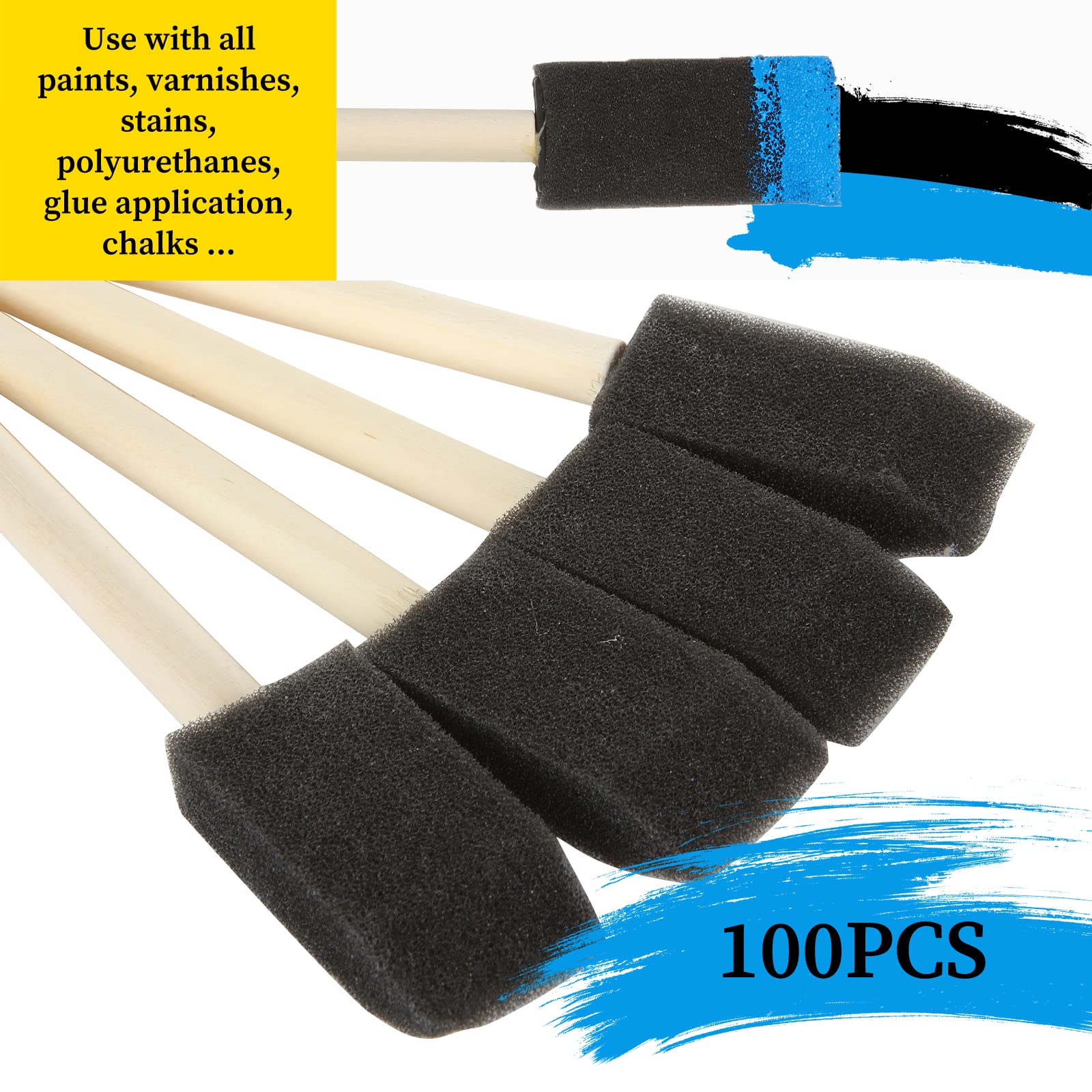 100 Pack 1 Inch Foam Brush with Wooden Handle - Professional Sponge Paint Brushes for Acrylics, Stains, Varnishes & Crafts - Perfect for DIY Projects, Home Decor & Art Painting