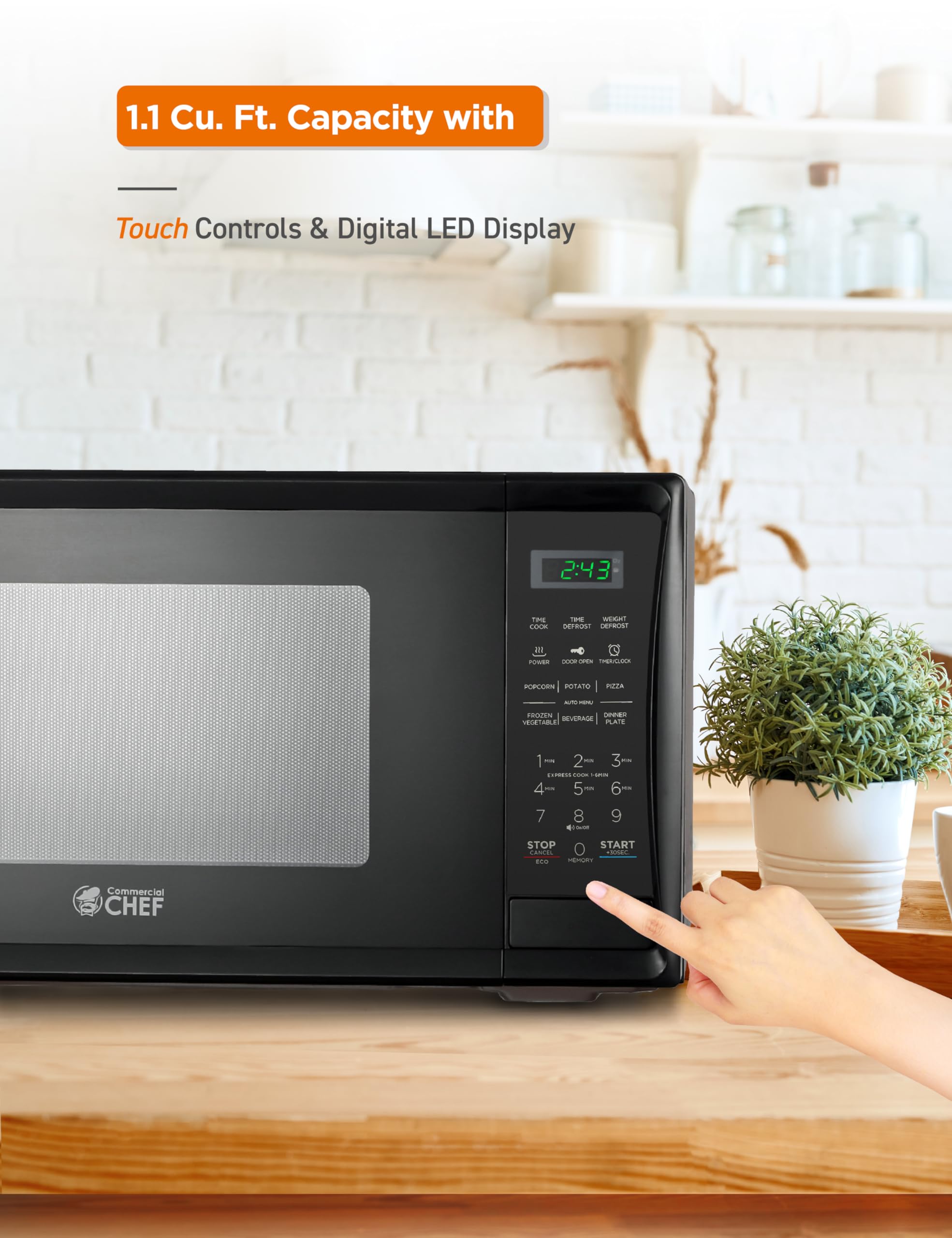 Commercial Chef 1.1 Cu Ft 1000W Countertop Microwave with 10 Power Levels, Push Button Door Lock, Turntable & Digital Controls - Perfect for Kitchens, Offices, Dorms & Small Spaces (Black)