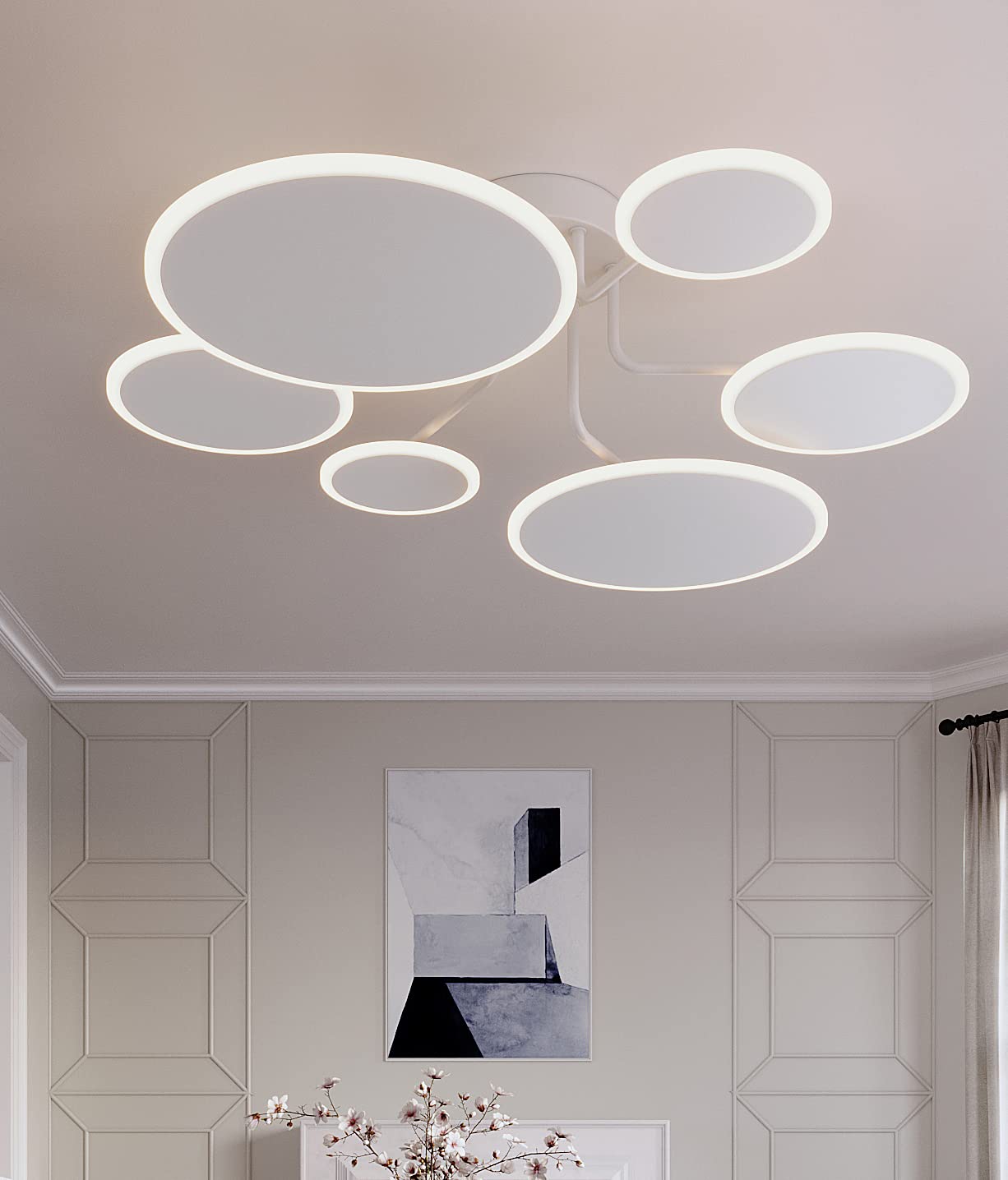 Modern LED Ceiling Light Fixture with Remote Control - 6 Circle Dimmable Sputnik Chandelier for Living Room, Dining Room, Bedroom, Office & Restaurant | Energy-Efficient Close-to-Ceiling Lighting for Home & Commercial Spaces