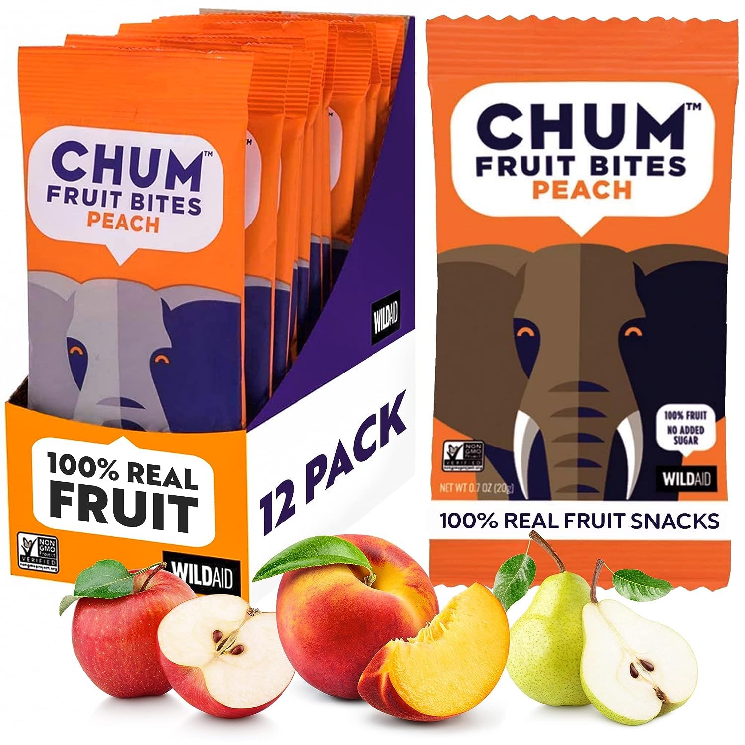 Chum Fruit Bites 100% Real Fruit Snacks - Peach Flavor, 12 Pack | Healthy Non-GMO Snacks with No Added Sugar or Preservatives | Nut-Free, Gluten-Free, Vegan, Kosher & Paleo Certified | Perfect for School Lunches, Travel & On-the-Go Snacking