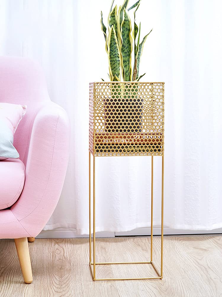 Nordic Golden Flower Plant Stand Indoor - Wrought Iron Rustproof Planter Holder with Honeycomb Grid Design for Pots (Gold) - Perfect for Living Room, Balcony & Home Decor