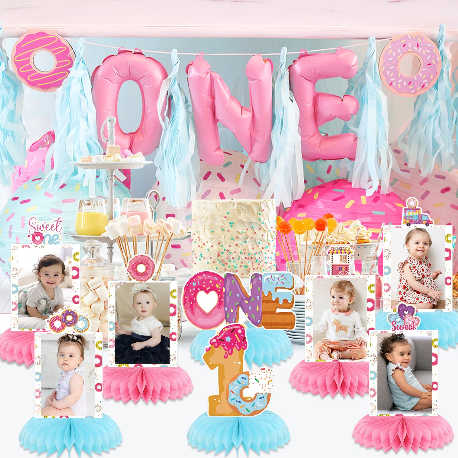 Sweet One Birthday Party Decorations Set - Honeycomb Donut Centerpieces for Tables, First Birthday Photo Backdrop & Party Supplies - Perfect for Girls' 1st Birthday, Baby Shower & Dessert-Themed Celebrations
