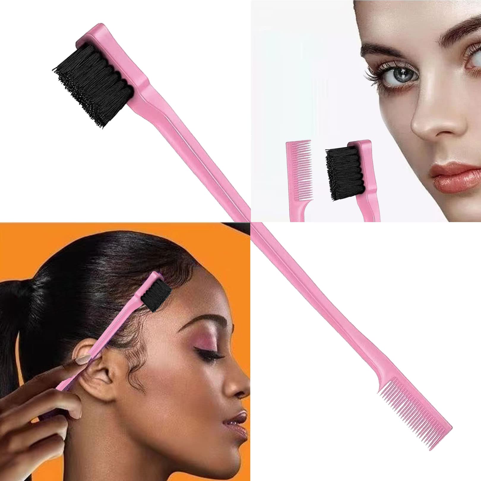 3Pcs Hair Brush Comb Set - Slick Back Brush, Bristle Hair Brush, Teasing Brush & Rat Tail Comb for Women & Kids - Double-Sided Edges for Smooth Styling - Perfect for Salon, Home & Travel Use (Pink)