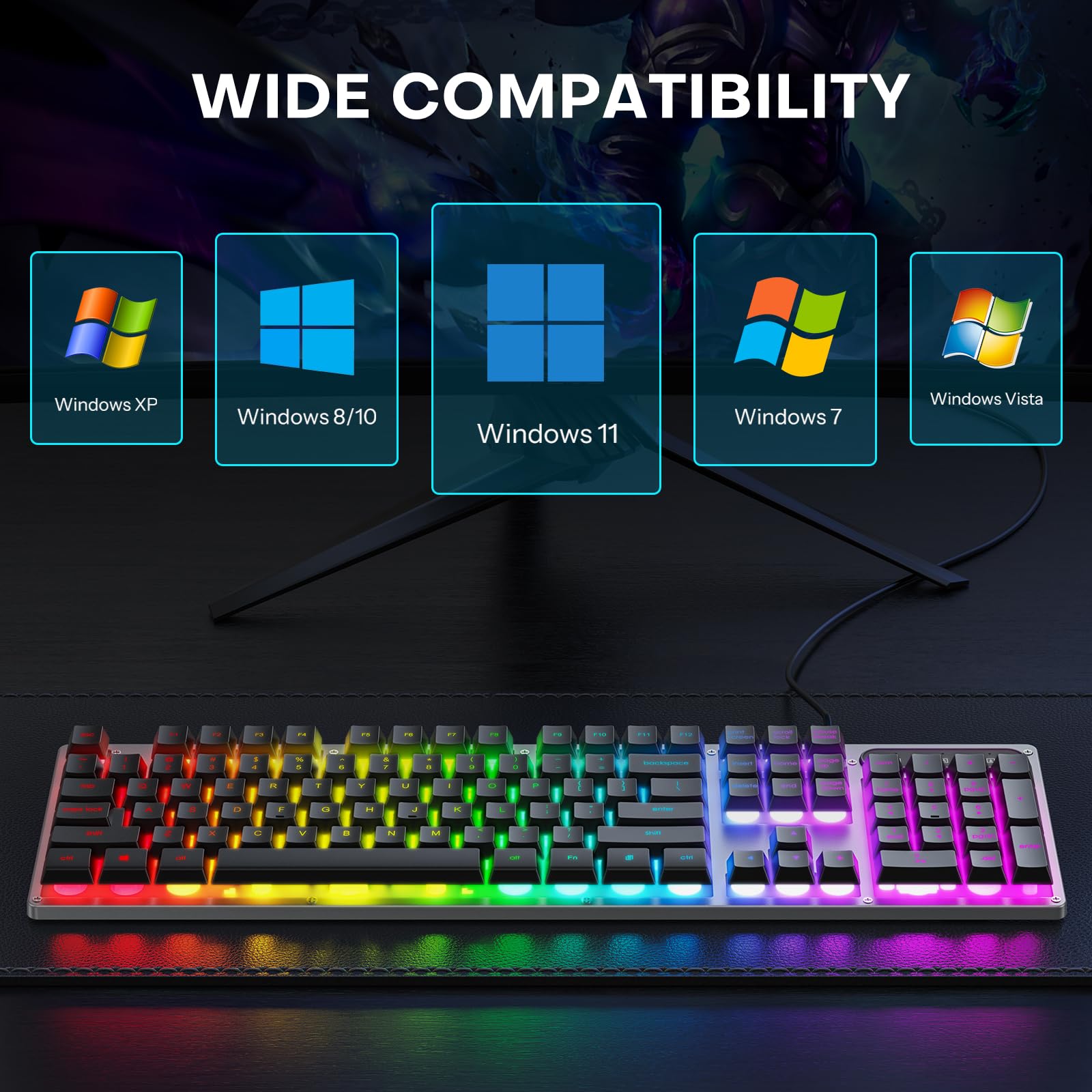 OMOTON Wired Gaming Keyboard - Full Size 104 Keys with 26 Anti-Ghosting, LED Backlit, 12 Multimedia Keys, Silent Membrane Keyboard for PC, Computer, Office, Gaming - Perfect for FPS, MMO, Typing & Work (Black)