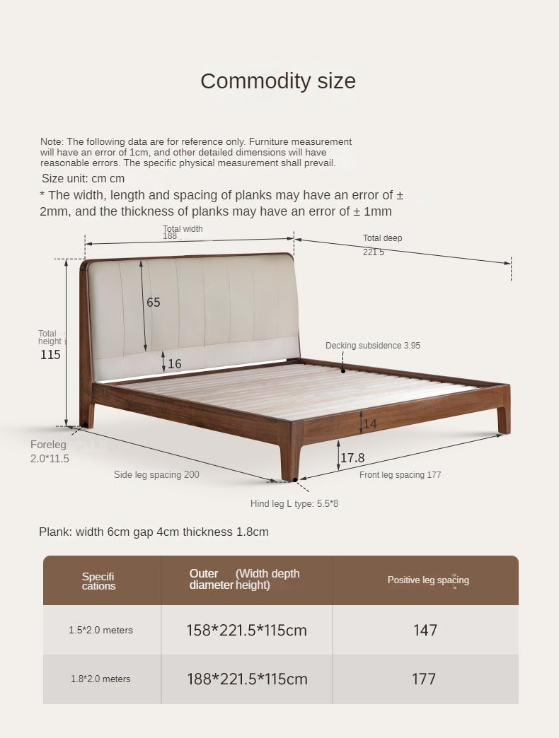 Premium Black Walnut Solid Wood Bed with Genuine Leather Upholstery - USB Charging Ports Included - Perfect for Master Bedrooms & Guest Rooms