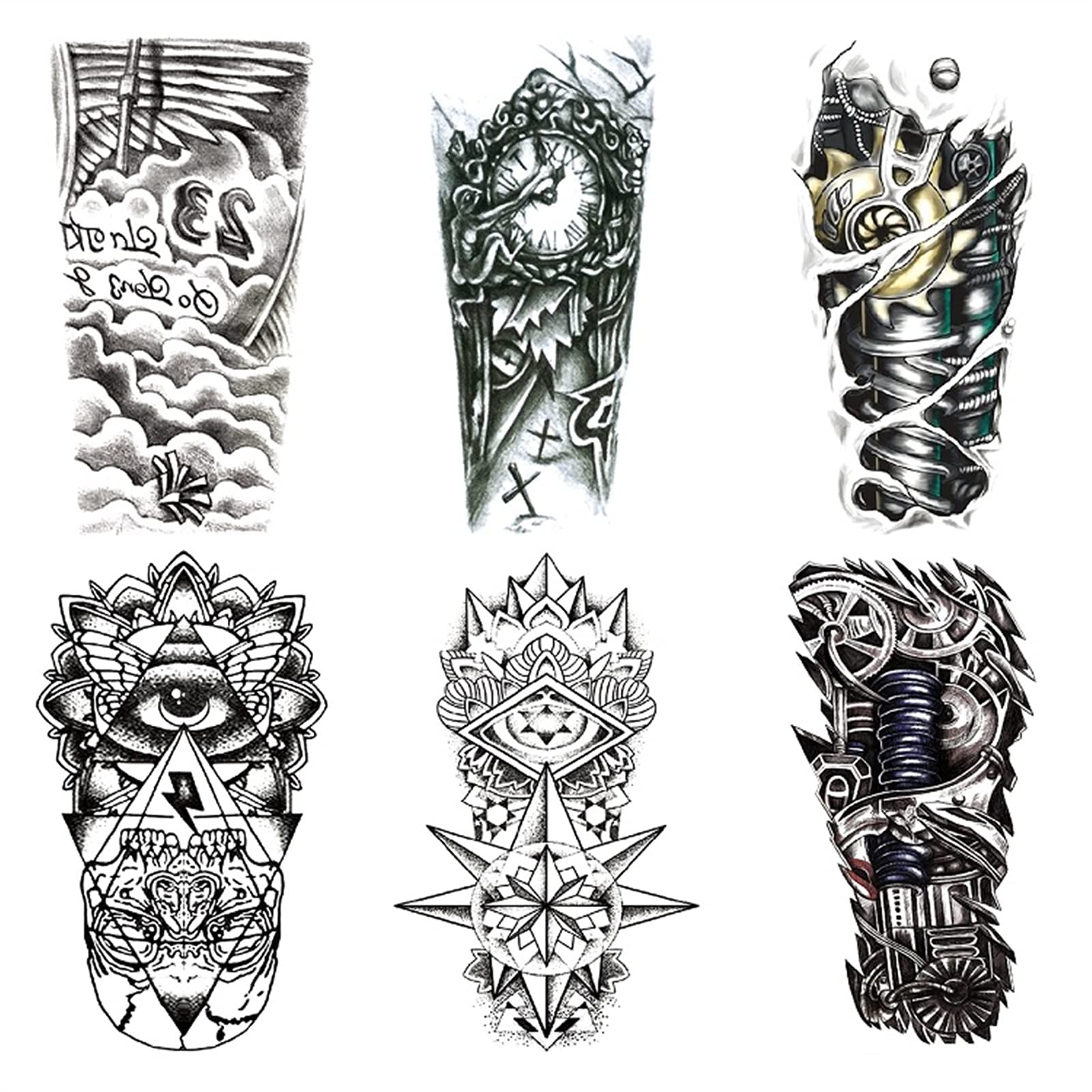 Realistic Mechanical Robot Arm Temporary Tattoo - Long Black Full Sleeve Fake Tattoo Sticker for Men & Women - Waterproof Body Art for Cosplay, Halloween & Costume Parties