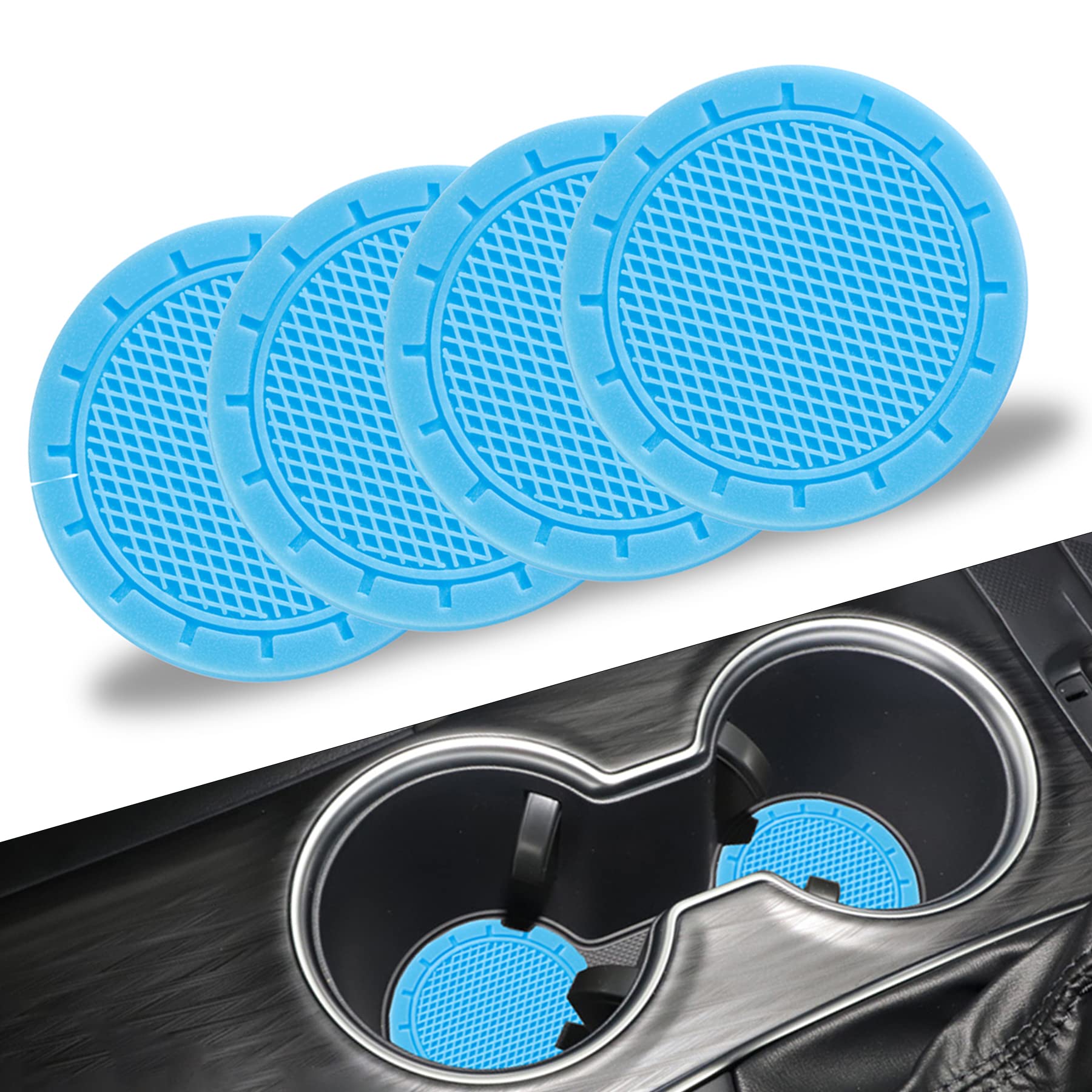 JUSTTOP 4 Pack Non-Slip Car Cup Holder Coasters - Universal PVC Auto Drink Holder Inserts for Cars, Trucks & SUVs | Blue Interior Accessories for Spill Protection & Organized Vehicle Storage