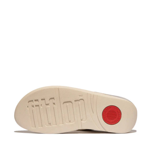 FitFlop Fino Beadie Button Metallic Sandals for Women - Comfortable Slide Sandals with Adjustable Straps | Perfect for Beach, Vacation & Summer Outfits (Platino)