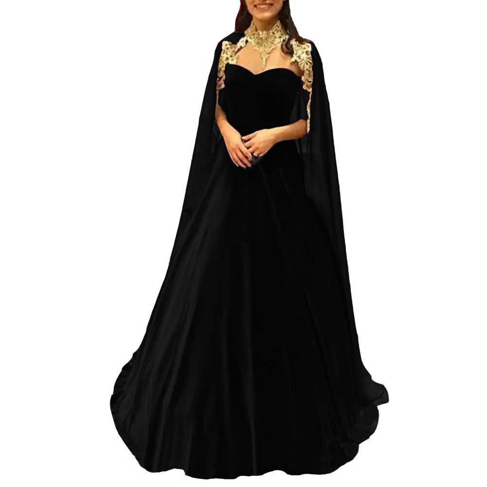 Elegant Long Velvet A-Line Prom Evening Dress with Gold Lace Chiffon Cape - Perfect for Formal Dances, Weddings & Special Occasions