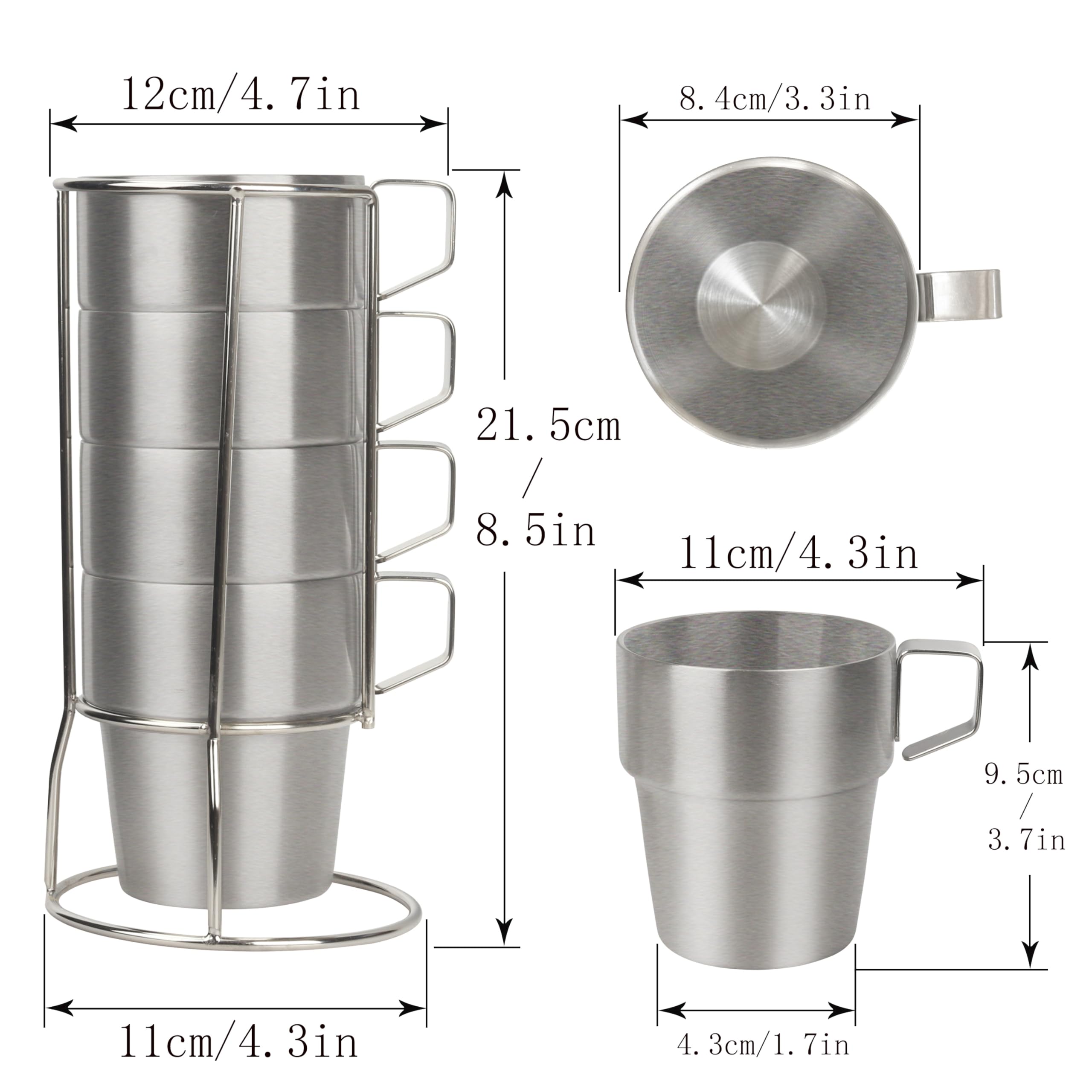 A-SZCXTOP 4-Pack Stainless Steel Coffee & Tea Cups - Double Wall Insulated, Stackable Metal Mugs with Stand Rack - 300ml Capacity for Hot & Cold Drinks - Perfect for Camping, Office, and Home Use