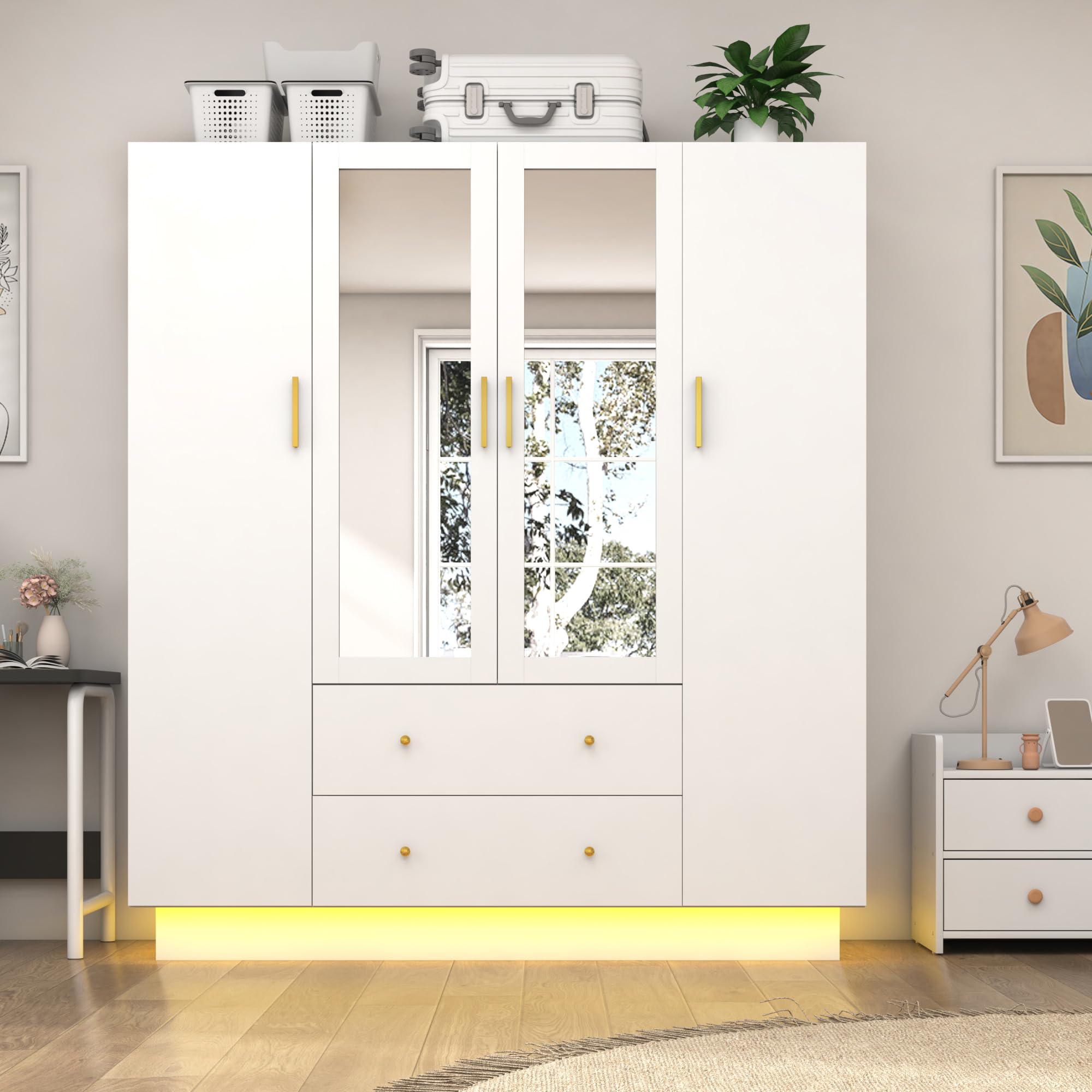 Modern White 4-Door Wardrobe Closet with Mirrors, LED Lights, Drawers & Shelves - Wooden Bedroom Armoire with Hanging Rod | Perfect for Master Bedroom, Guest Room & Dorm Organization