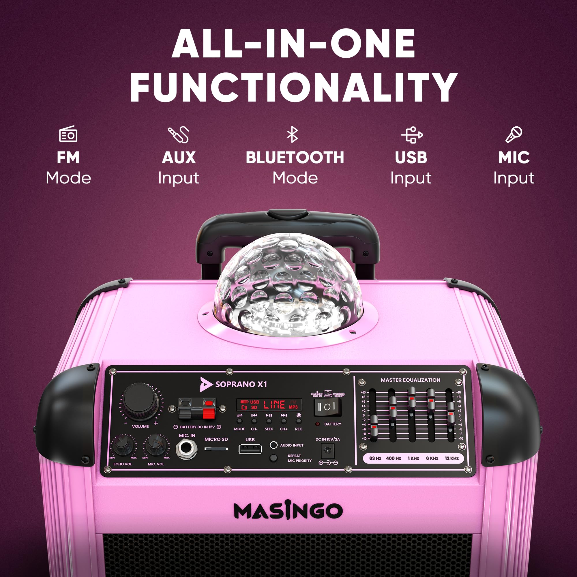 MASINGO X1 Karaoke Machine with Bluetooth Wireless Microphones - Portable PA Speaker System with Disco Lights, Lyrics Display & TV Cable for Home Parties, Family Gatherings & Kids Entertainment (Soprano X1 Model)