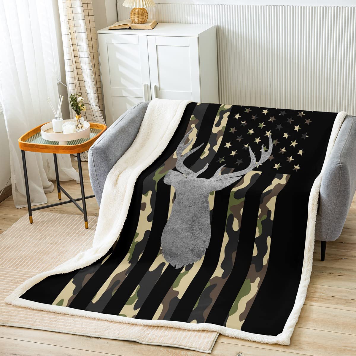 Elk Deer Throw Blanket - Army Green Camouflage with American Flag Design - 60