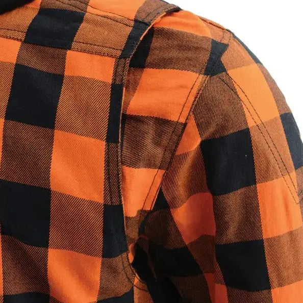 Milwaukee Leather Men's Orange & Black Armored Flannel Biker Shirt with Reinforced Fibers - Durable Motorcycle Riding Gear for Harley Davidson & Cruiser Bikes
