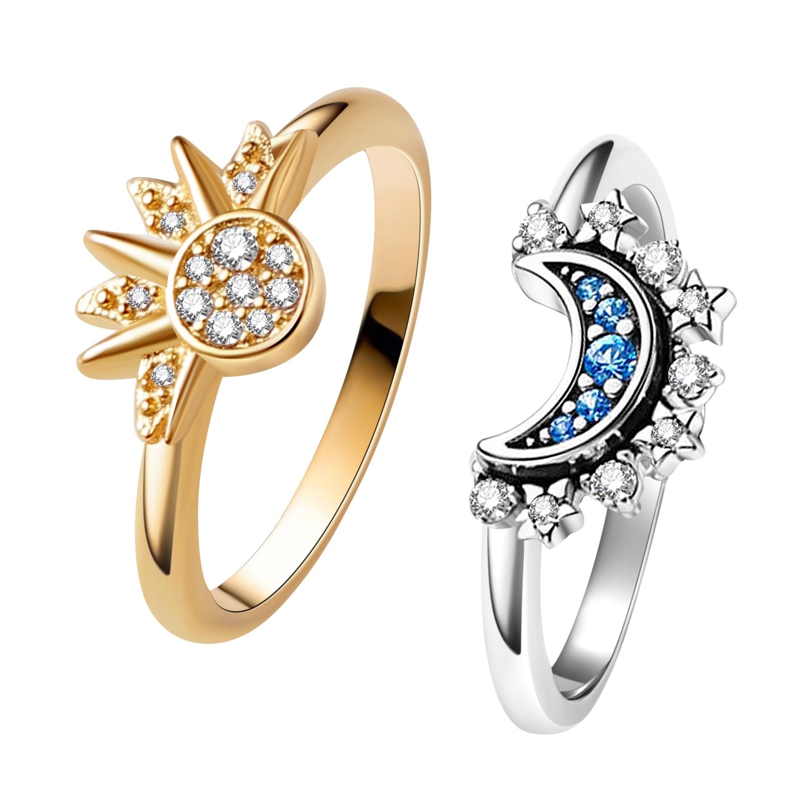 Celestial Sun and Moon Ring Set - 14k Gold/Silver Plated Sparkling Sun & Blue Moon Rings - Friendship Promise Rings for Women - Stackable Celestial Jewelry - Perfect for Gifts, Everyday Wear & Special Occasions