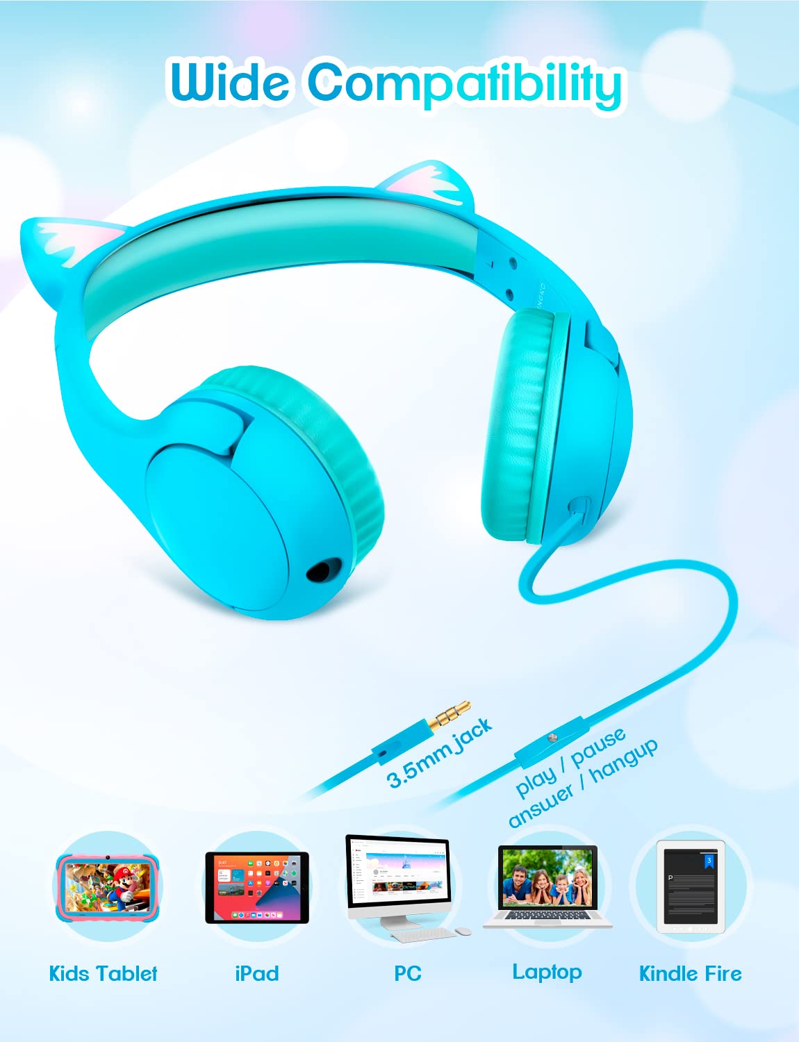 PINGKO Kids Headphones with Microphone - Cat Ear LED Light Headphones for Girls & Boys, 85dB Volume Limiting, 3.5mm Jack Stereo Earphones for iPad, School, Travel, Music Sharing - Perfect for Learning, Gaming & Entertainment (Blue)