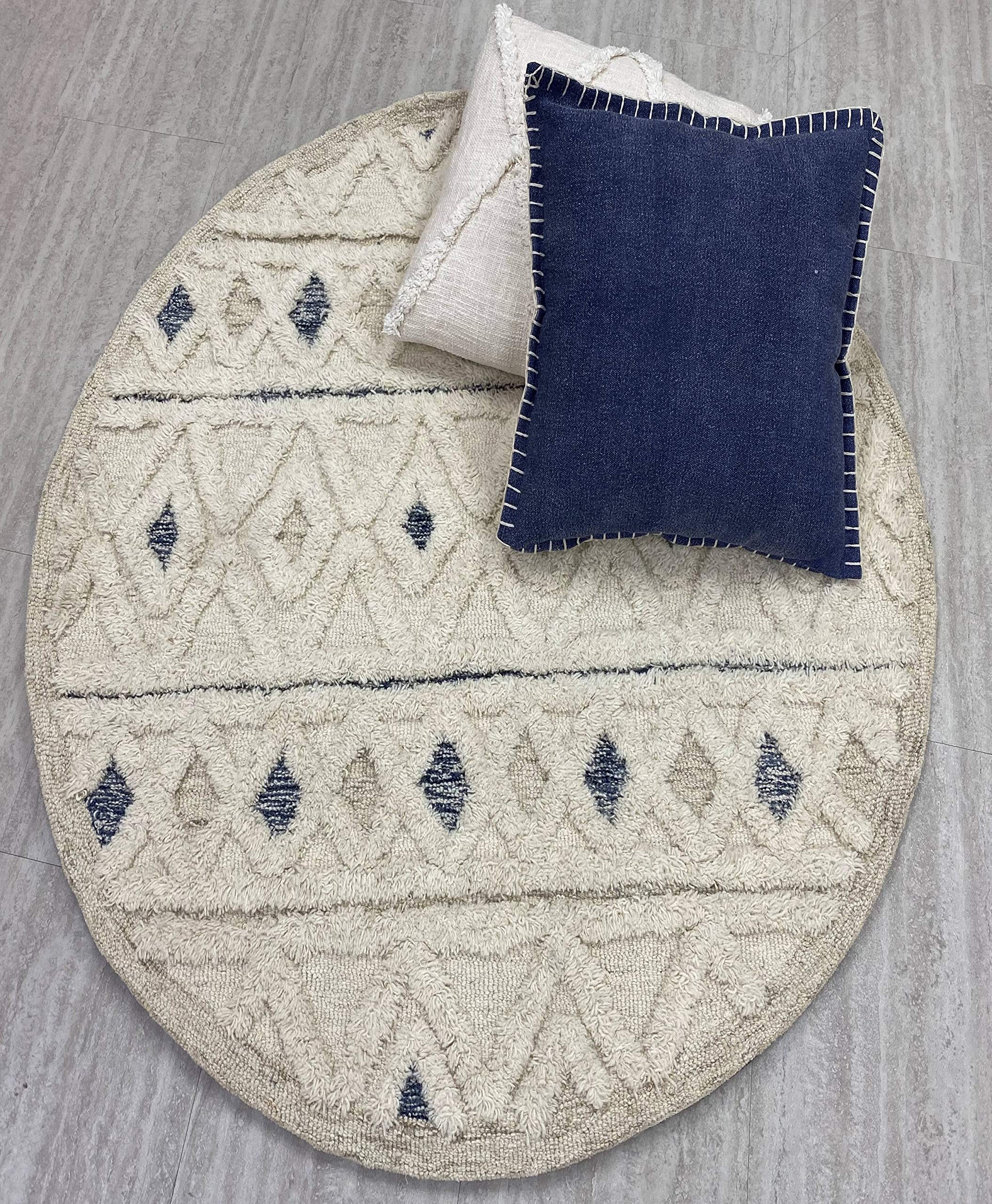 LR Home 6ft Round Indoor Natural Wool Area Rug - Hand Tufted Modern Farmhouse Boho Style Carpet for Bedroom, Living Room, Office, Nursery & Entryway - Ivory/Navy - Perfect for Cozy Home Decor & High-Traffic Areas