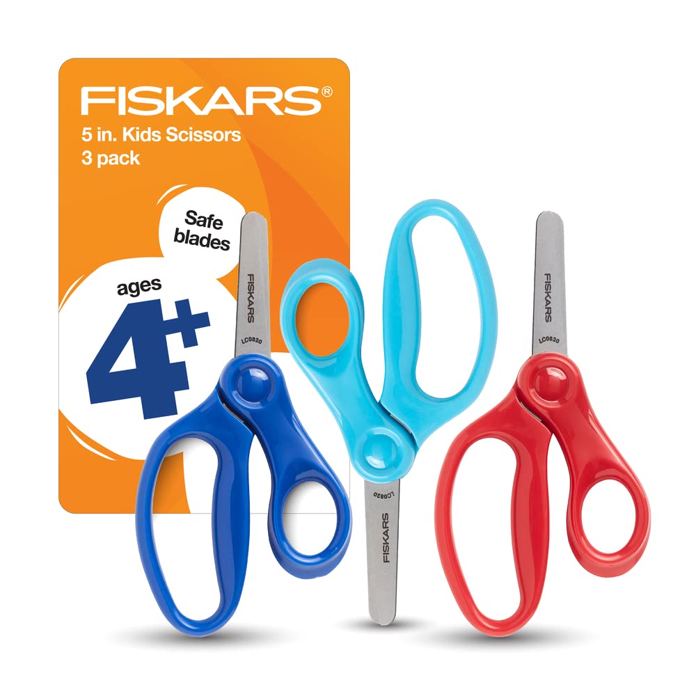 Fiskars Kids Safety Scissors - 5 Inch Blunt Tip School Scissors, 3 Pack (Red, Blue, Turquoise) for Classroom, Arts & Crafts, Homeschooling, and Paper Cutting Projects