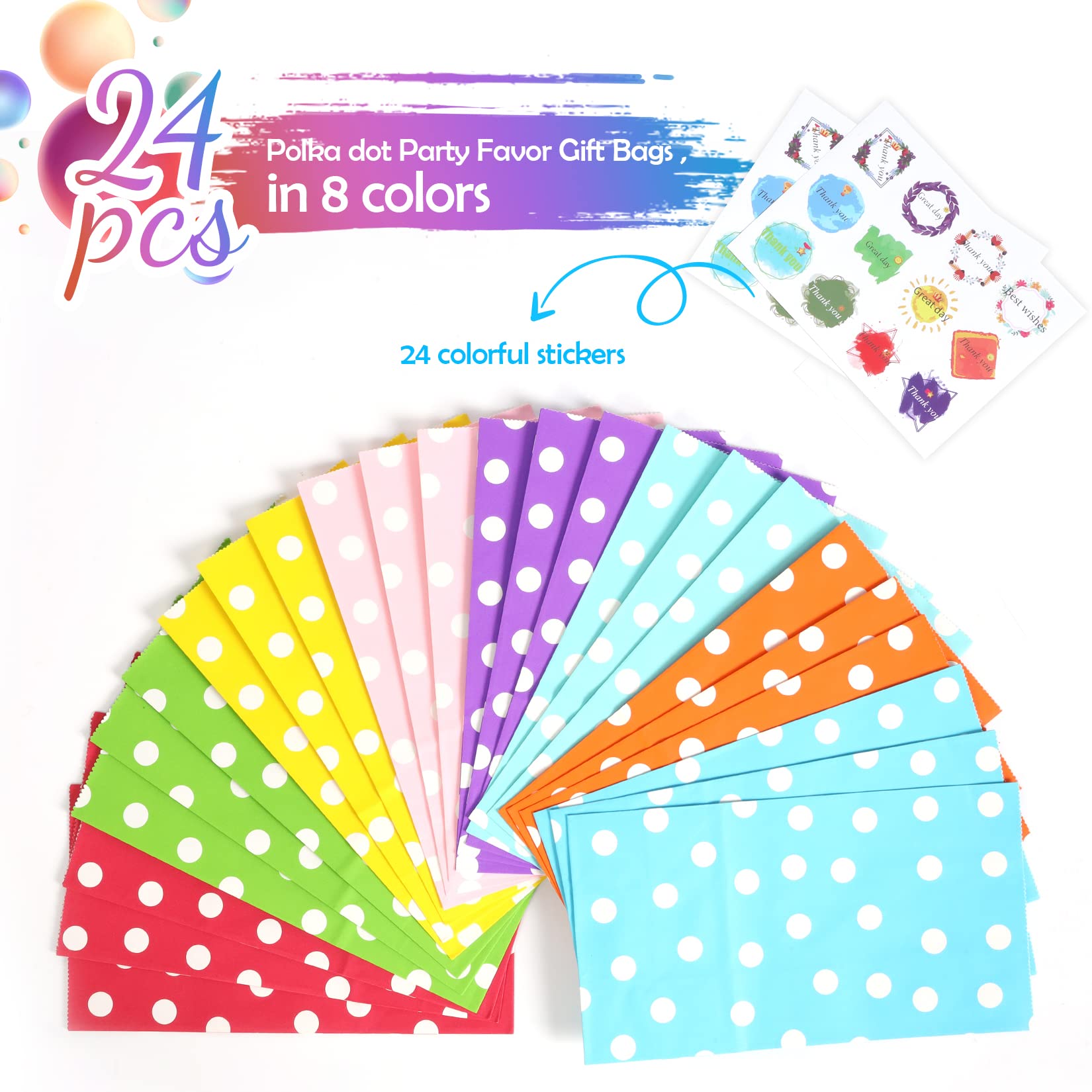 Florskoye 24-Piece Polka Dot Party Favor Bags - Premium Paper Goodie Bags with 24 Stickers for Candy & Treats | Perfect for Kids Birthday, Baby Shower, Christmas, Wedding & Party Supplies | Great for Gift Giving, Classroom Rewards & Celebration Favors
