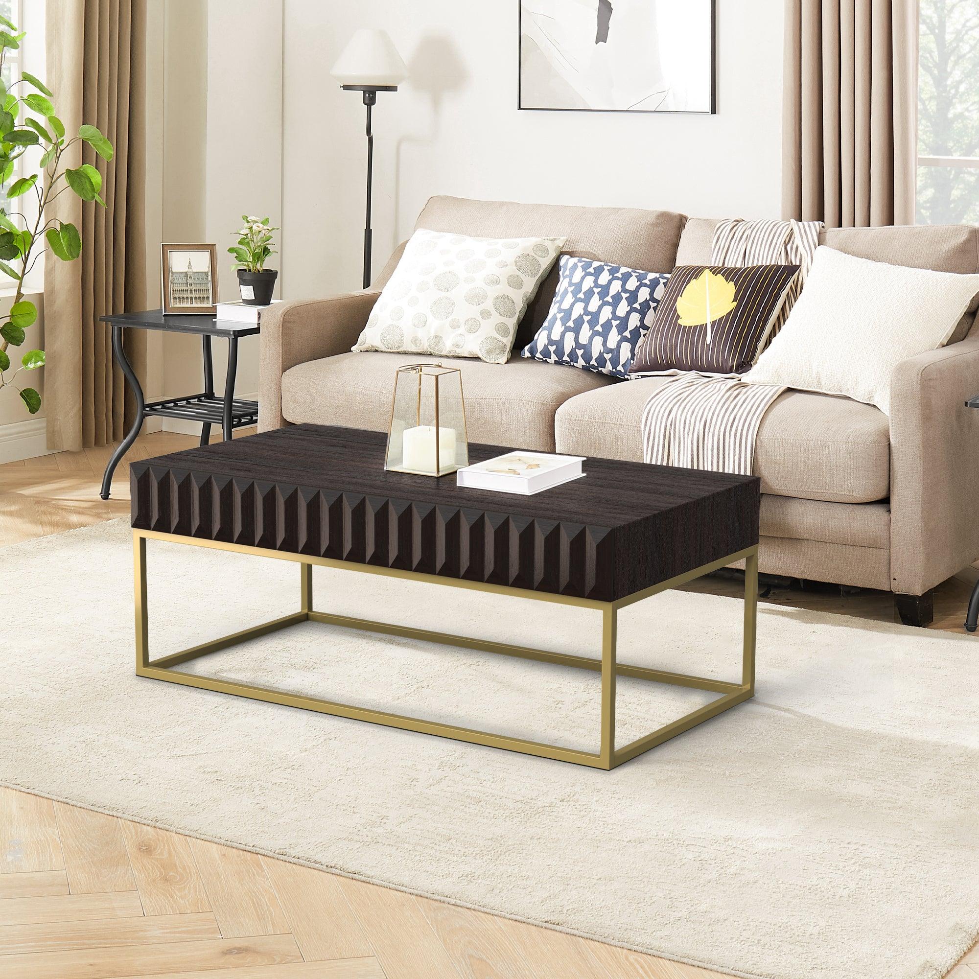 Walnut & Gold Textured Coffee Table with Hidden Drawers - Modern Living Room Furniture for Small Spaces & Home Decor