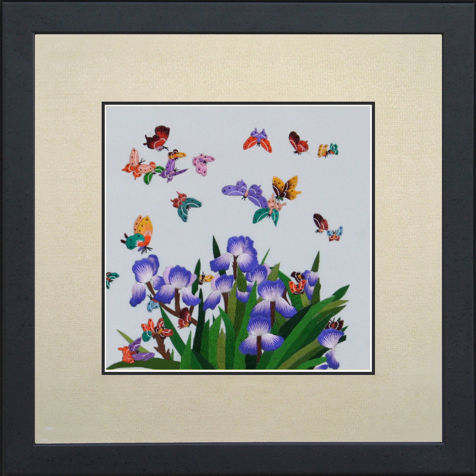 Handmade Embroidery Butterflies in Blue Irises Wall Art - Elegant Home Decor for Living Room, Bedroom & Office (Design 33006)