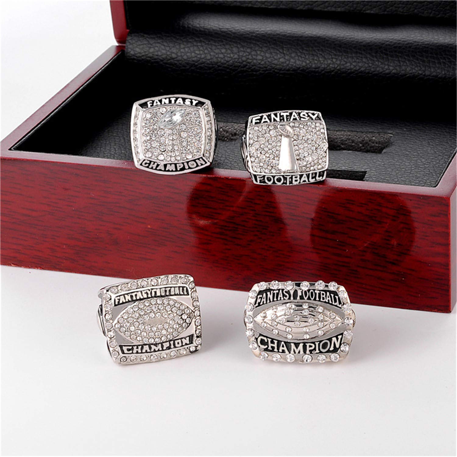 Jiustars Fantasy Football Championship Ring Set for Men - 2014-2017 NFL Season Collector's Gift with Wooden Display Box - Perfect for Super Bowl Parties, Fantasy League Awards & Sports Memorabilia Collections
