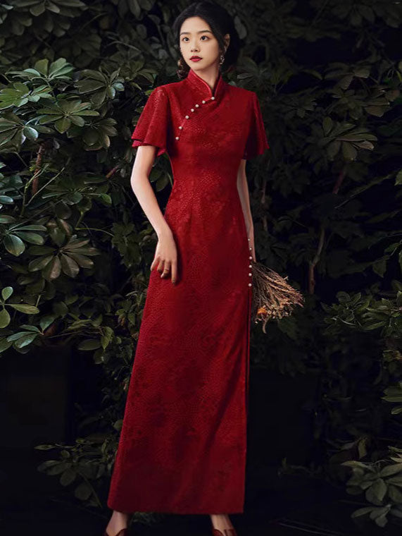 Elegant Burgundy Lace Flutter Sleeve Split Qipao Cheongsam Dress for Women | Vintage Chinese Style Evening Gown | Perfect for Weddings, Parties, and Special Occasions