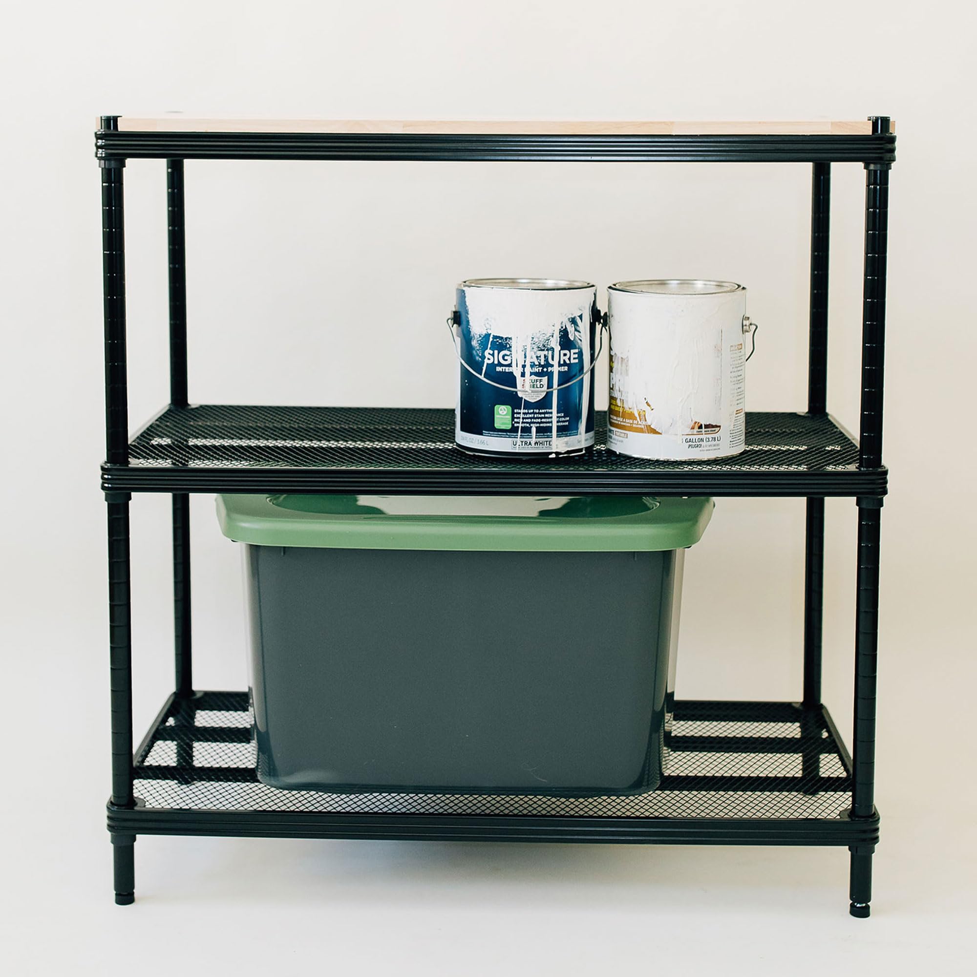 Metal Mesh Shelf Unit with Wood Top - Black Design Ideas MeshWorks Shelving Rack for Workbench & Home Organization | Garage Storage, Workshop Display, Kitchen Pantry Organizer